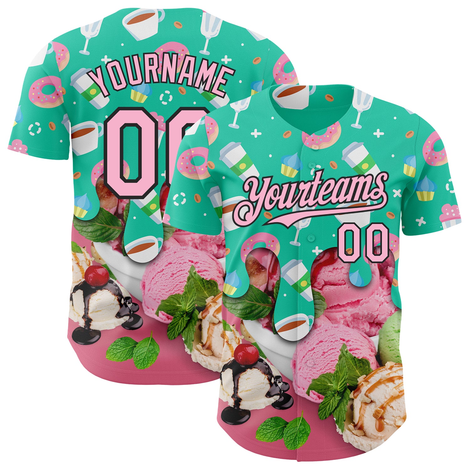Custom Aqua Light Pink-Black Ice Cream Cake Donut Foodie Dessert Authentic Baseball Jersey