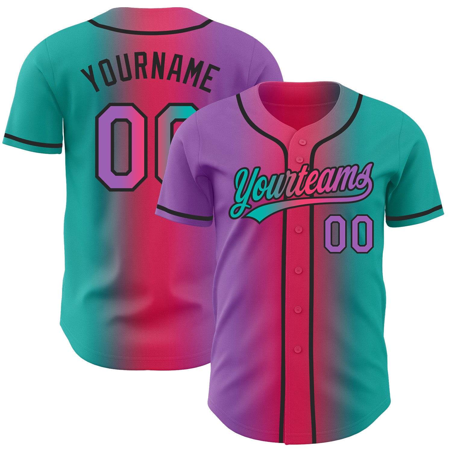 Custom Aqua Medium Purple Neon Pink-Black Authentic Gradient Fashion Baseball Jersey