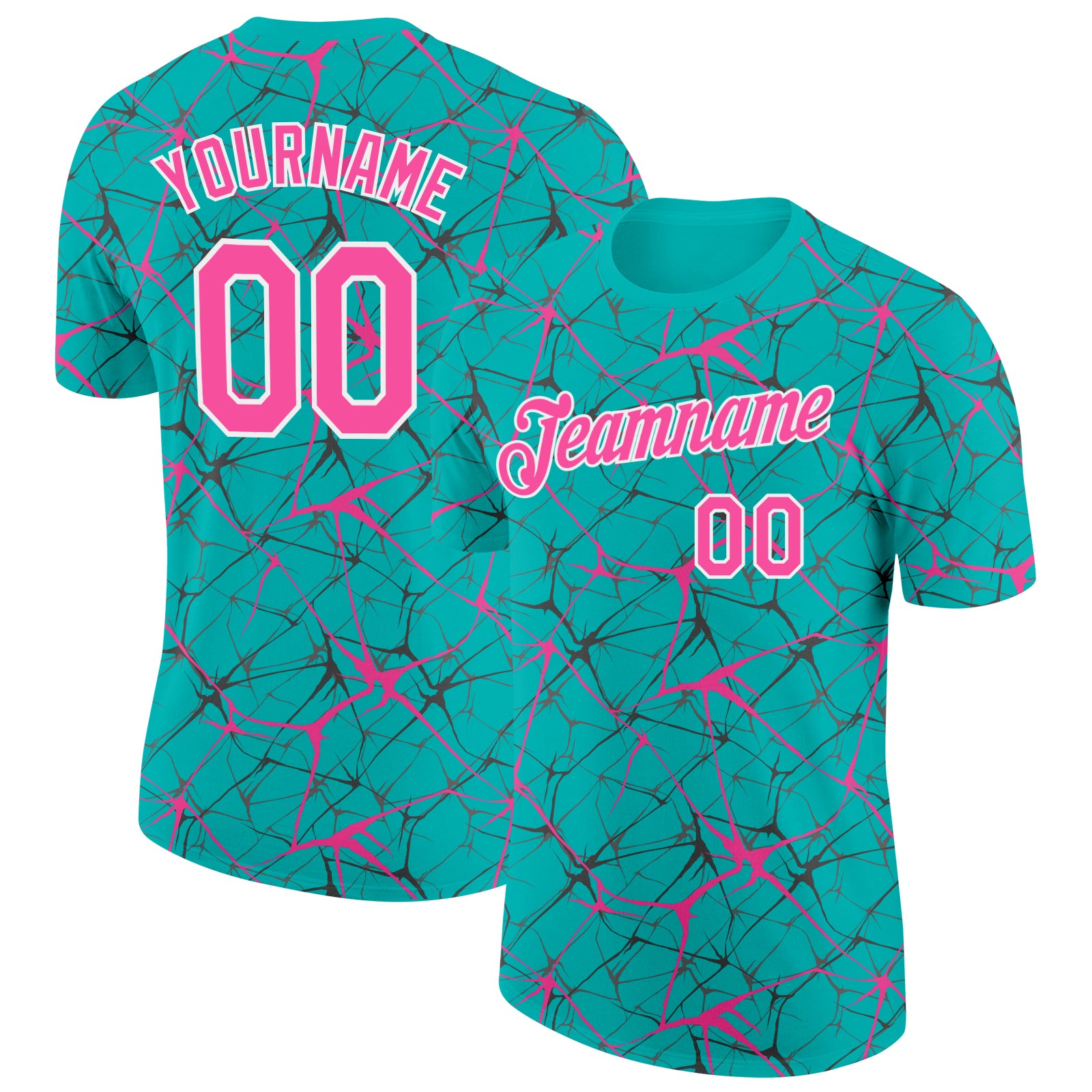 Custom Aqua Pink Gray-White Abstract Network Crackle Performance T-Shirt