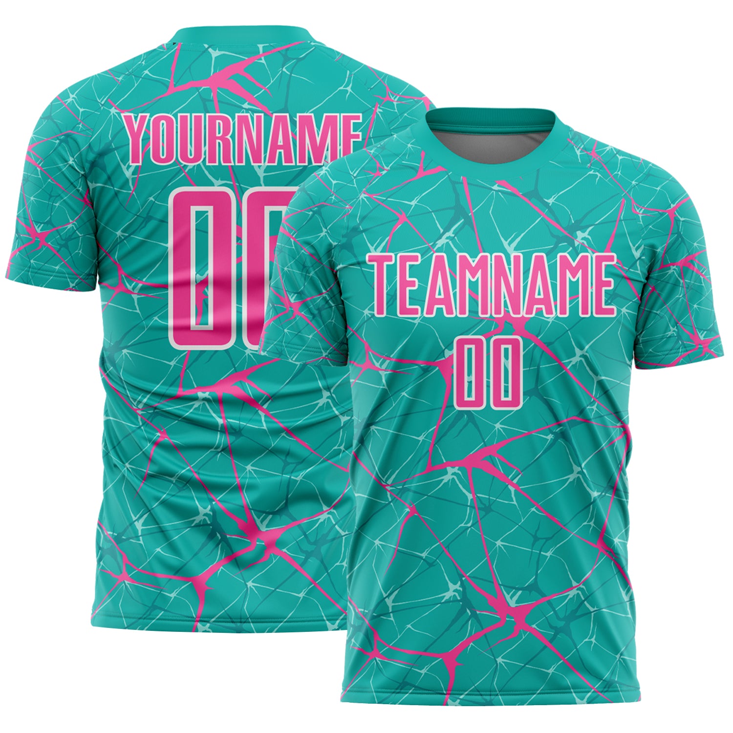 Custom Aqua Pink-White Abstract Network Crackle Sublimation Soccer Uniform Jersey