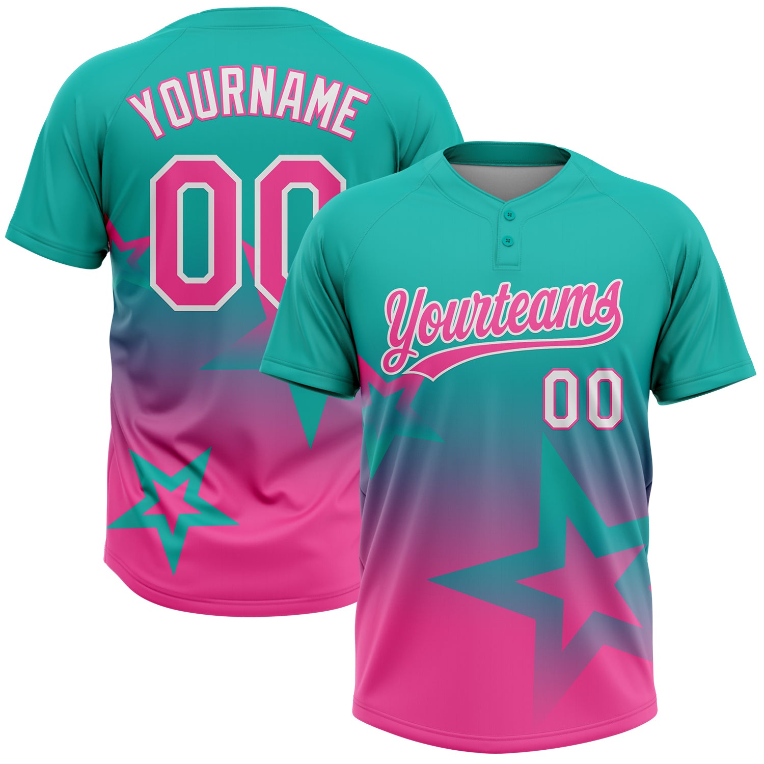 Custom Aqua Pink-White Gradient Style Twinkle Star Two-Button Unisex Softball Jersey