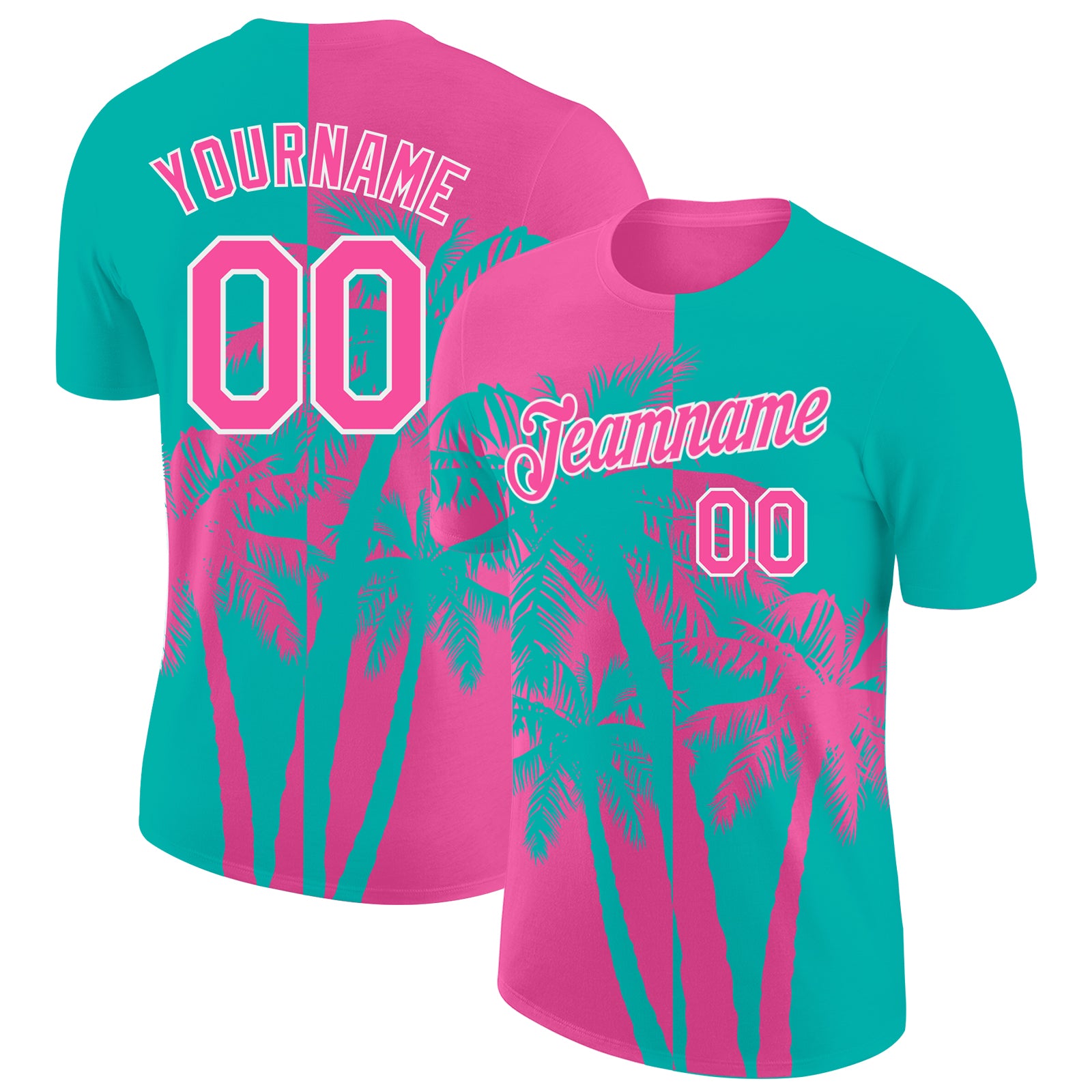 Custom Aqua Pink-White Hawaii Tropical Coastal Palm Trees Performance T-Shirt