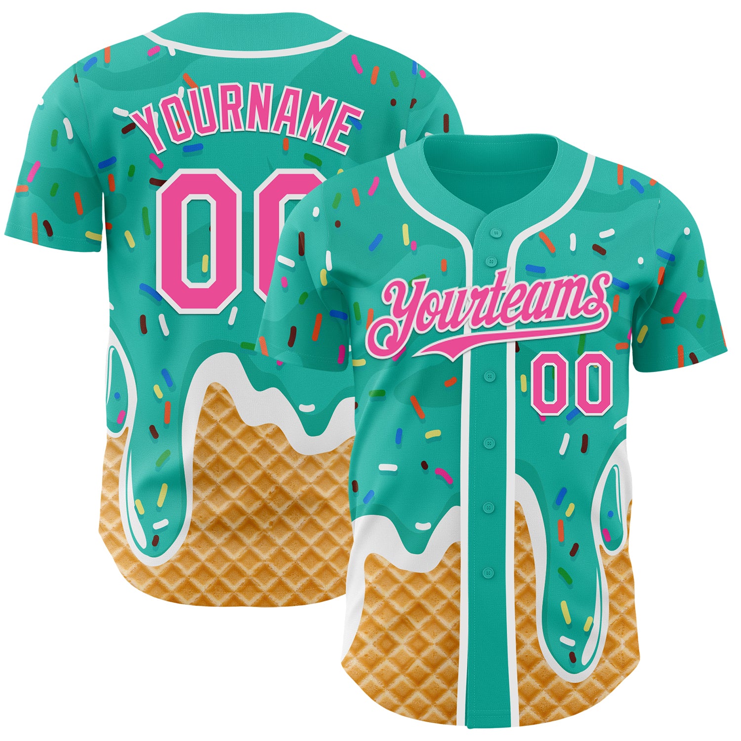 Custom Aqua Pink-White Ice Cream Waffle Foodie Dessert Authentic Baseball Jersey