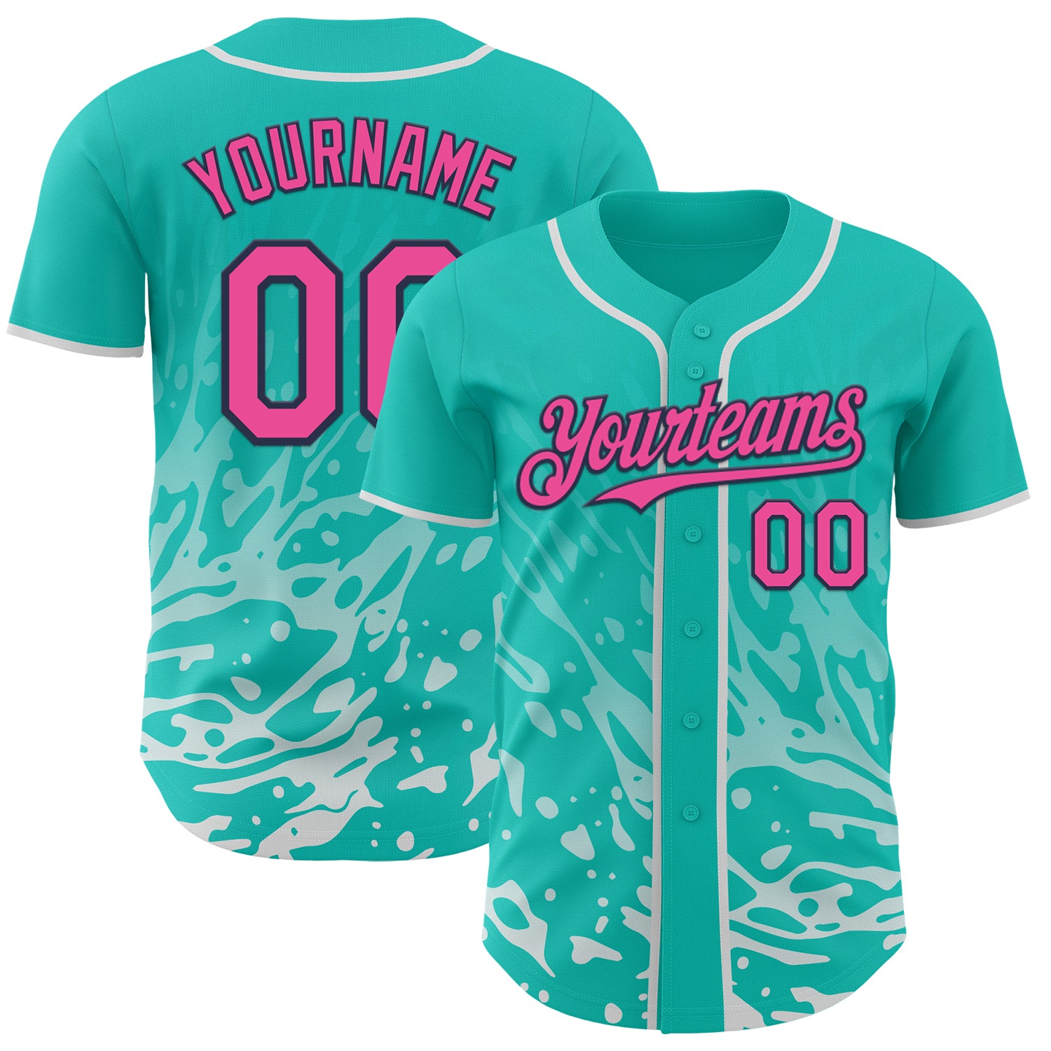 Custom Aqua Pink White-Navy Fluid Liquid Wave Splatter Authentic Baseball Jersey