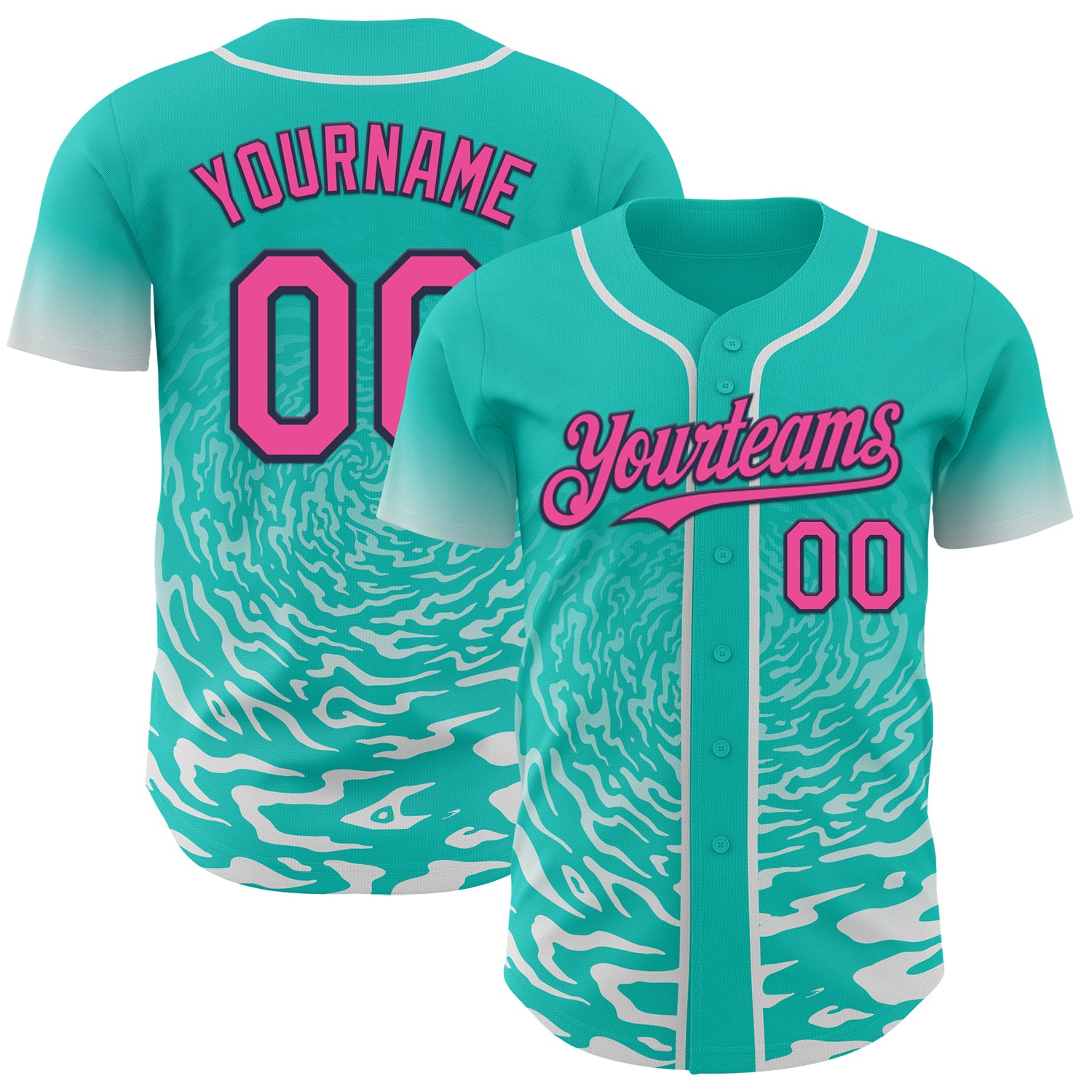 Custom Aqua Pink White-Navy Fluid Wave Splatter Gradient Authentic Baseball Jersey