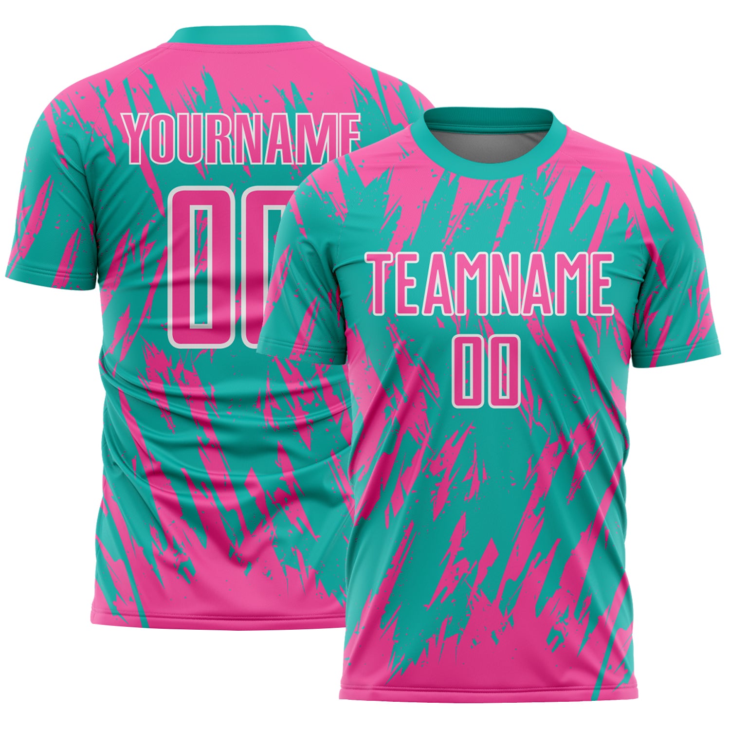 Custom Aqua Pink-White Splatter Torn Sharp Brush Stroke Sublimation Soccer Uniform Jersey