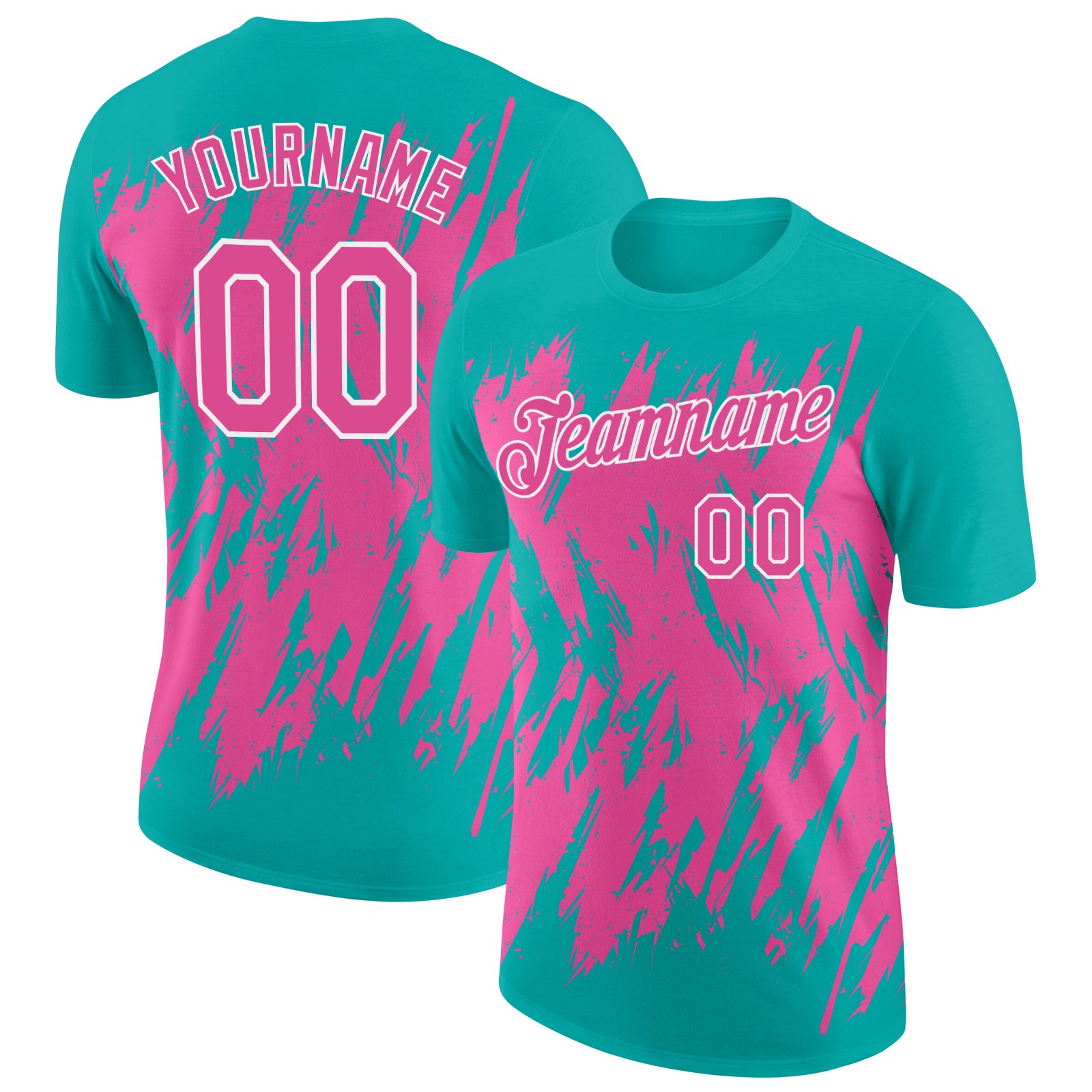 Custom Aqua Pink-White Torn Sharp Brush Stroke Splatter Performance T-Shirt