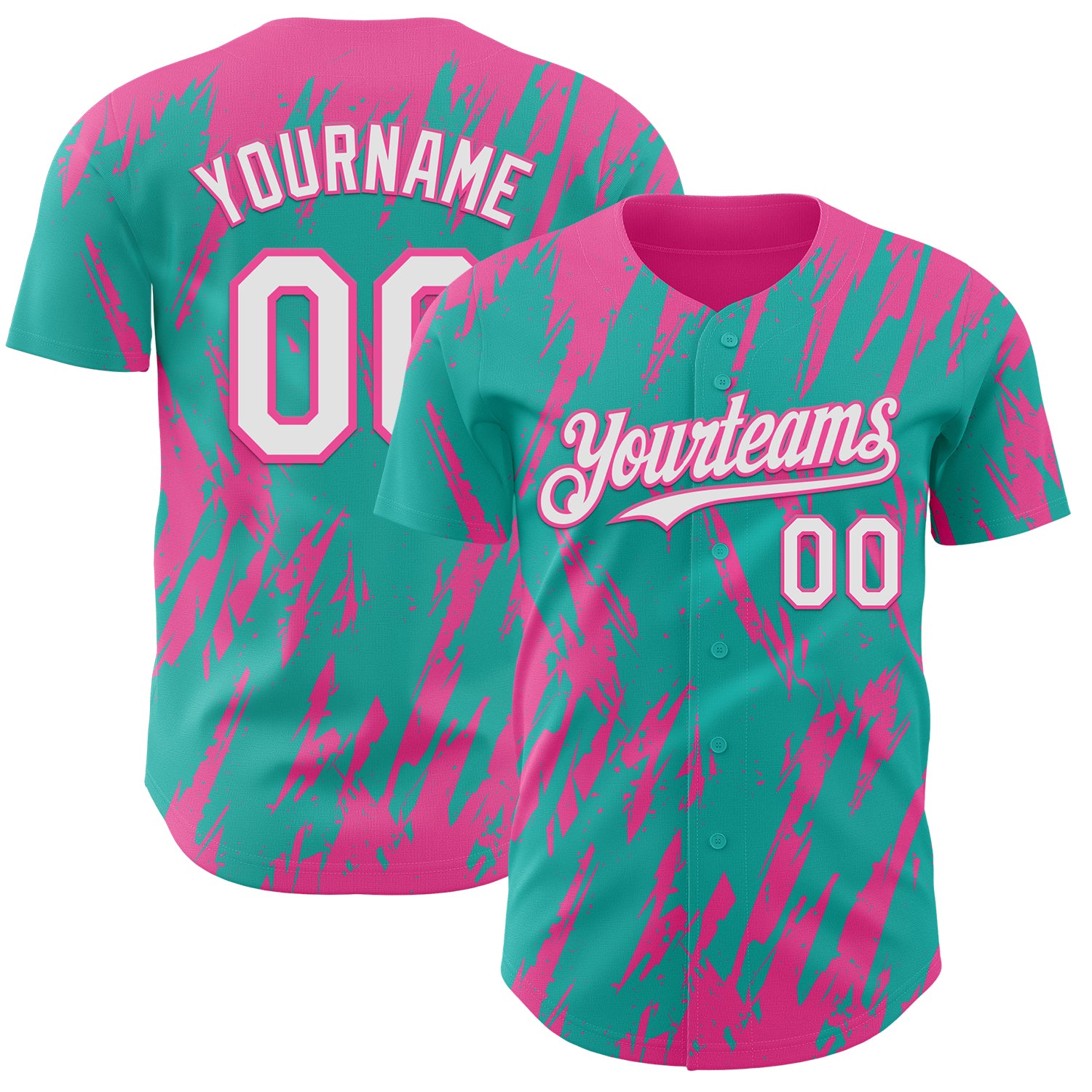 Custom Aqua White-Pink 3D Pattern Design Splatter Torn Sharp Brush Stroke Authentic Baseball Jersey