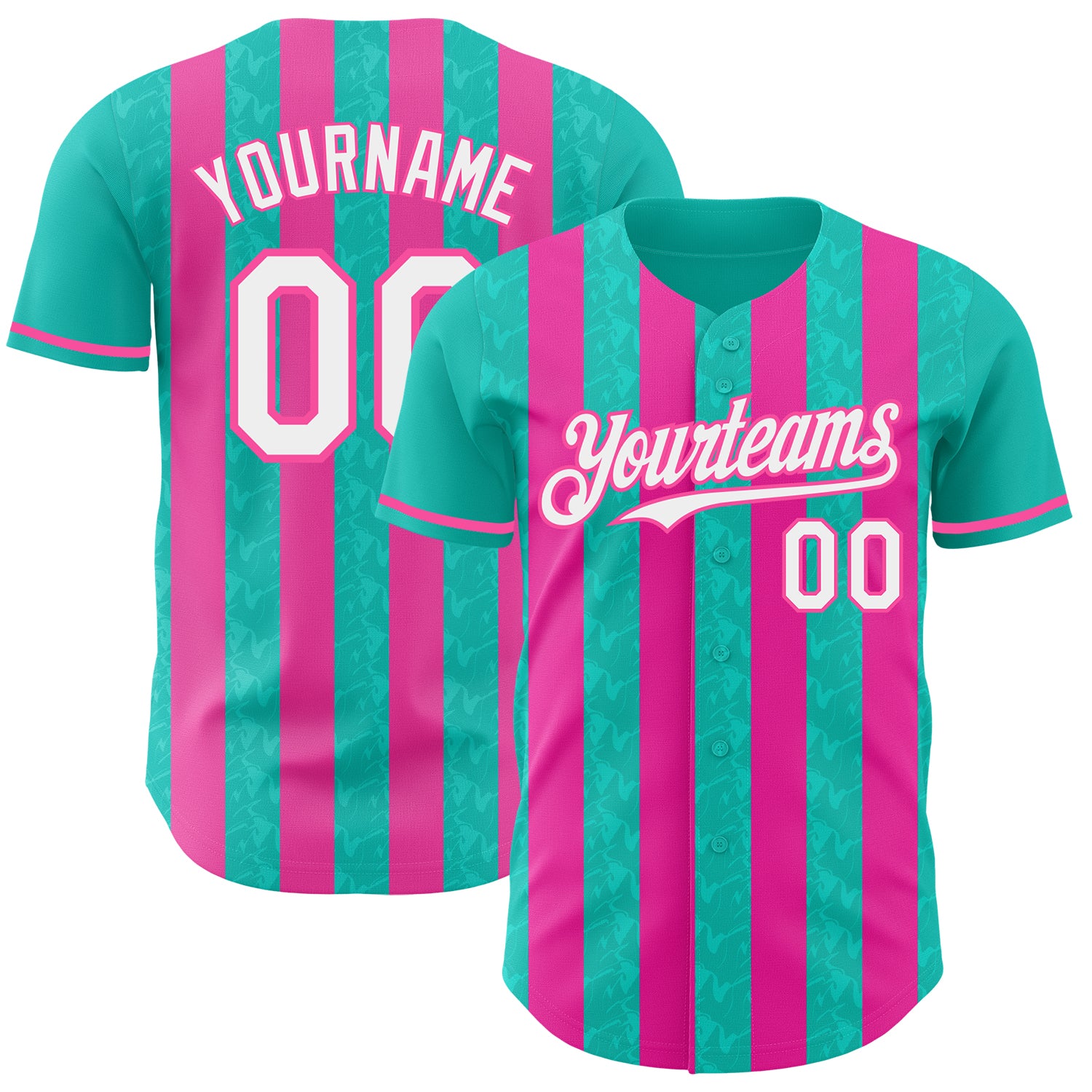 Custom Aqua White-Pink Classic Vertical Stripe Fluid Liquid Texture Authentic Baseball Jersey