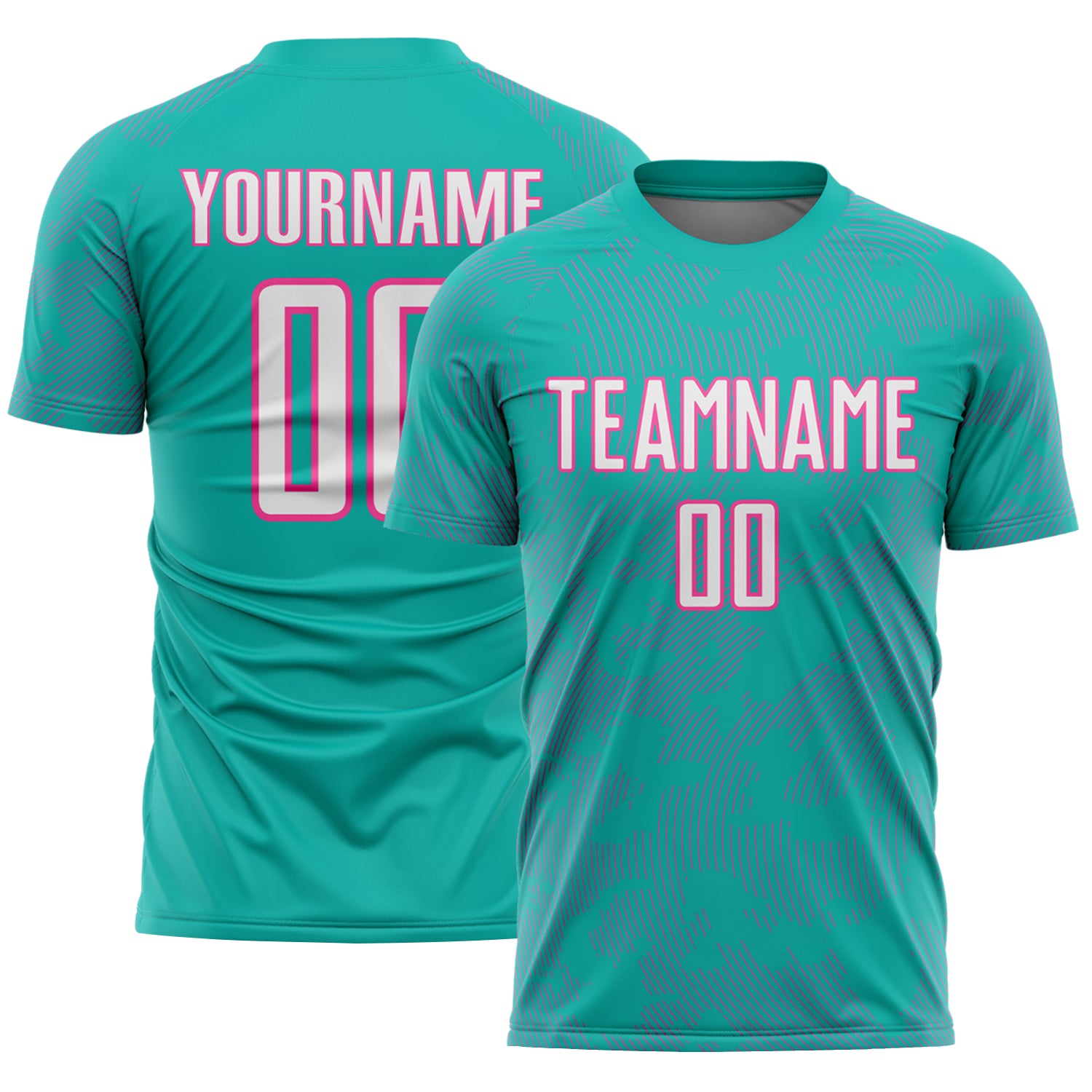 Custom Aqua White-Pink Curve Lines Sublimation Soccer Uniform Jersey