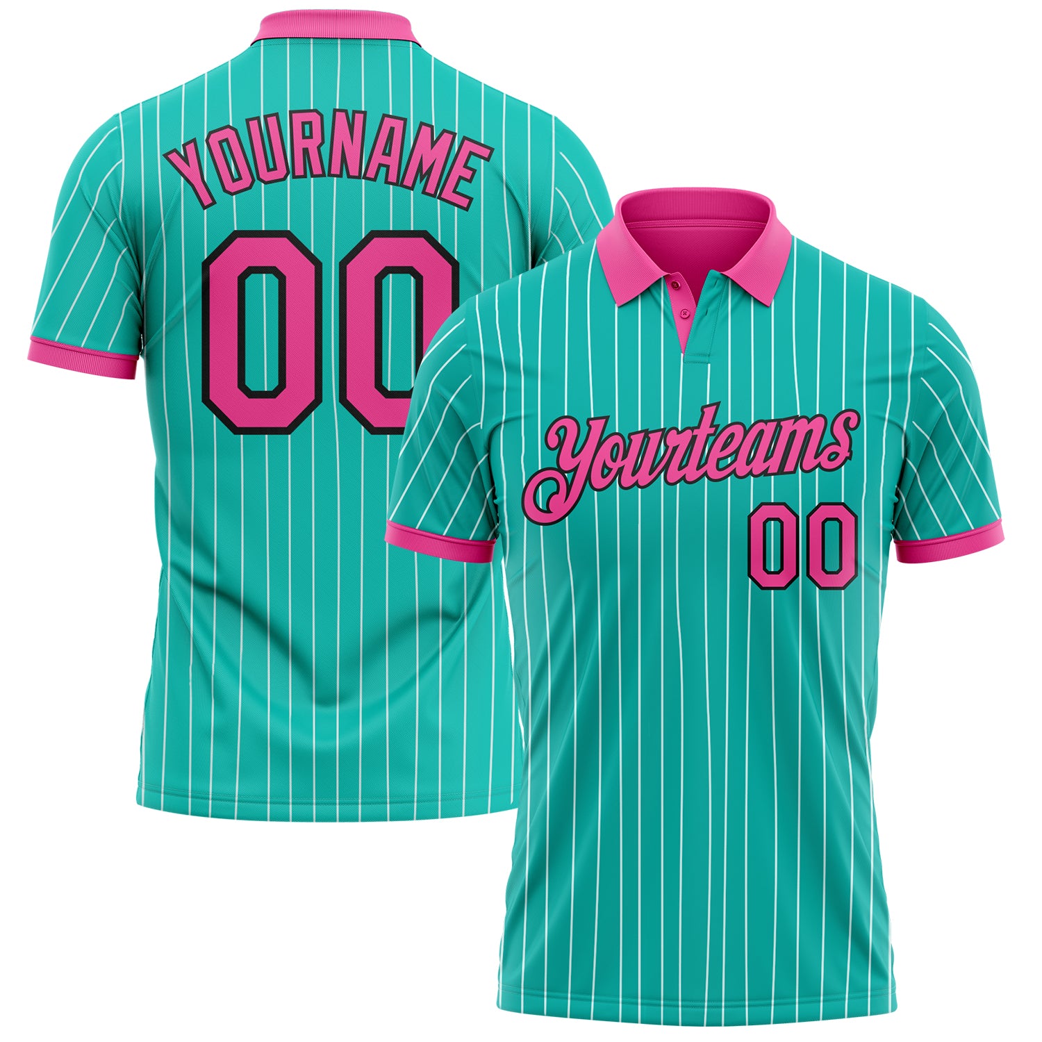 Custom Aqua White Pinstripe Pink-Black Performance Polo Shirt
