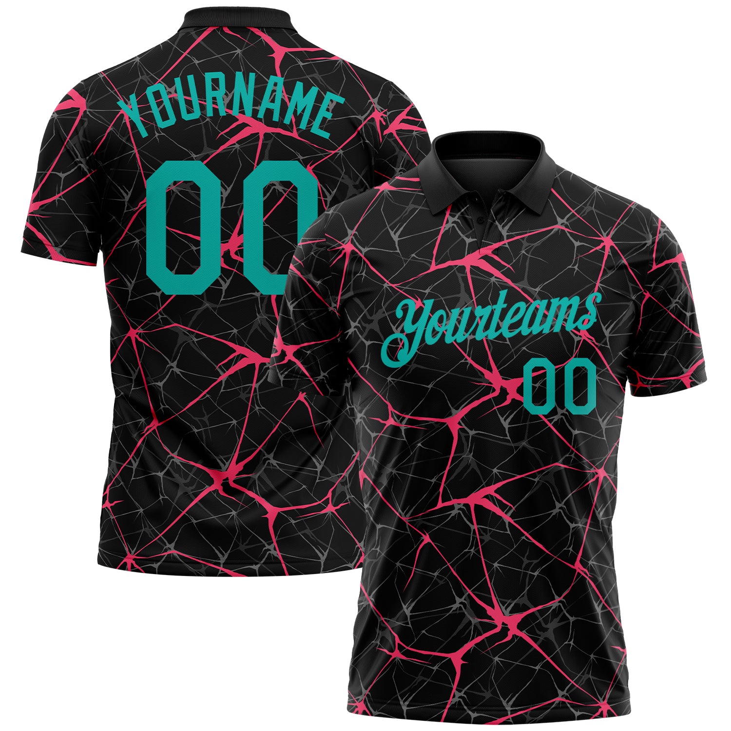 Custom Black Aqua-Neon Pink 3D Pattern Abstract Network Crackle Performance Polo Shirt