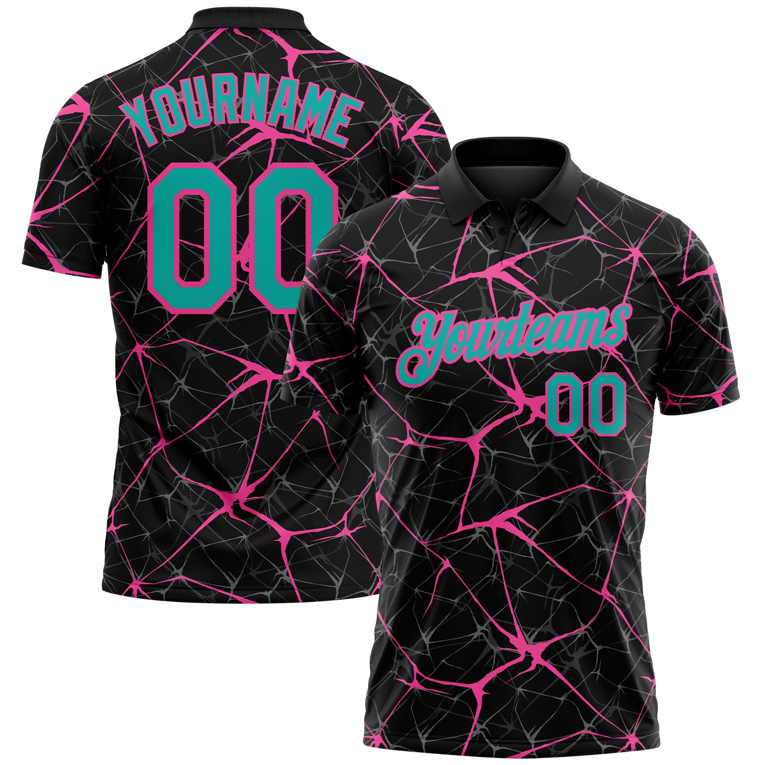 Custom Black Aqua-Pink 3D Pattern Abstract Network Crackle Performance Polo Shirt