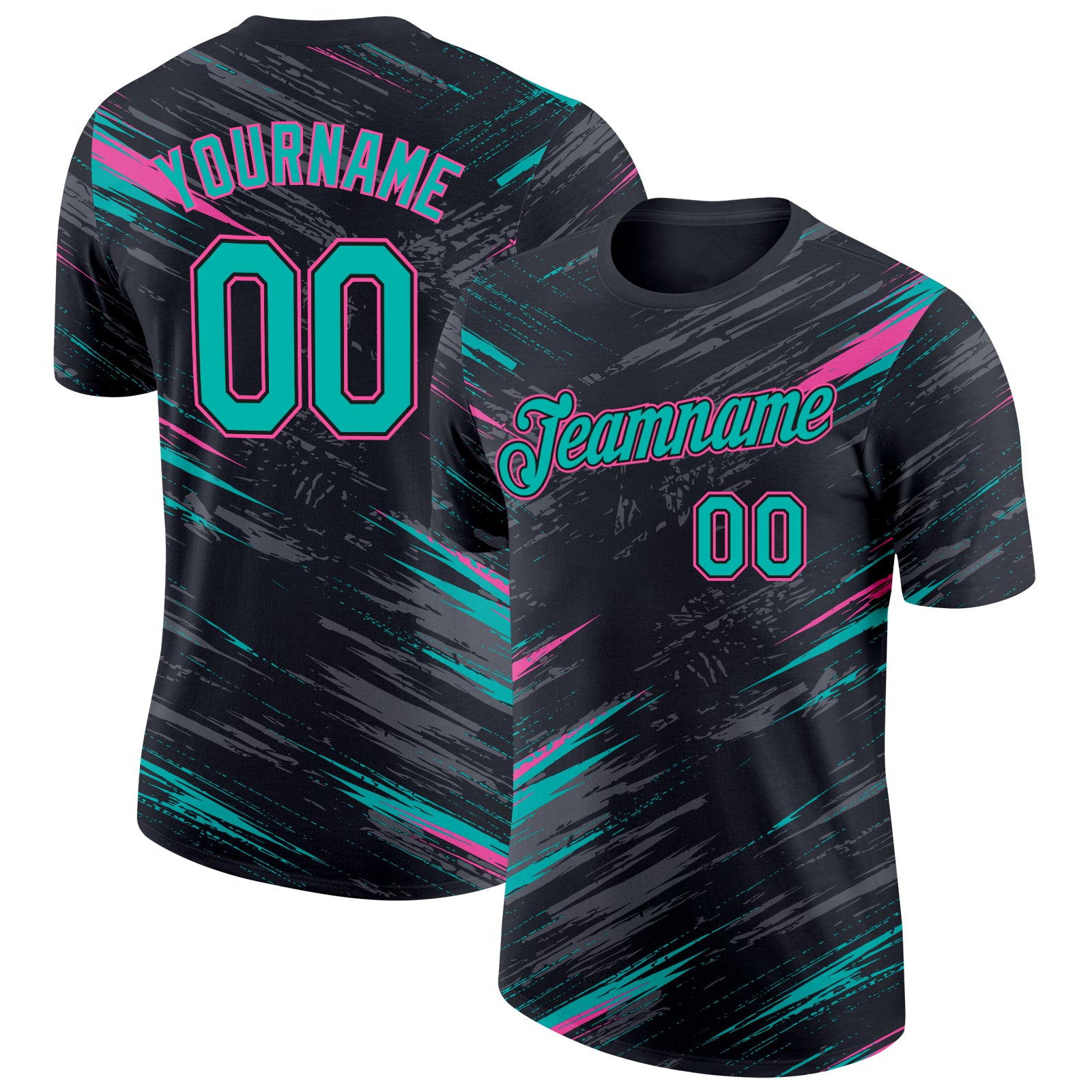 Custom Black Aqua-Pink Abstract Brush Stroke Splatter Performance T-Shirt