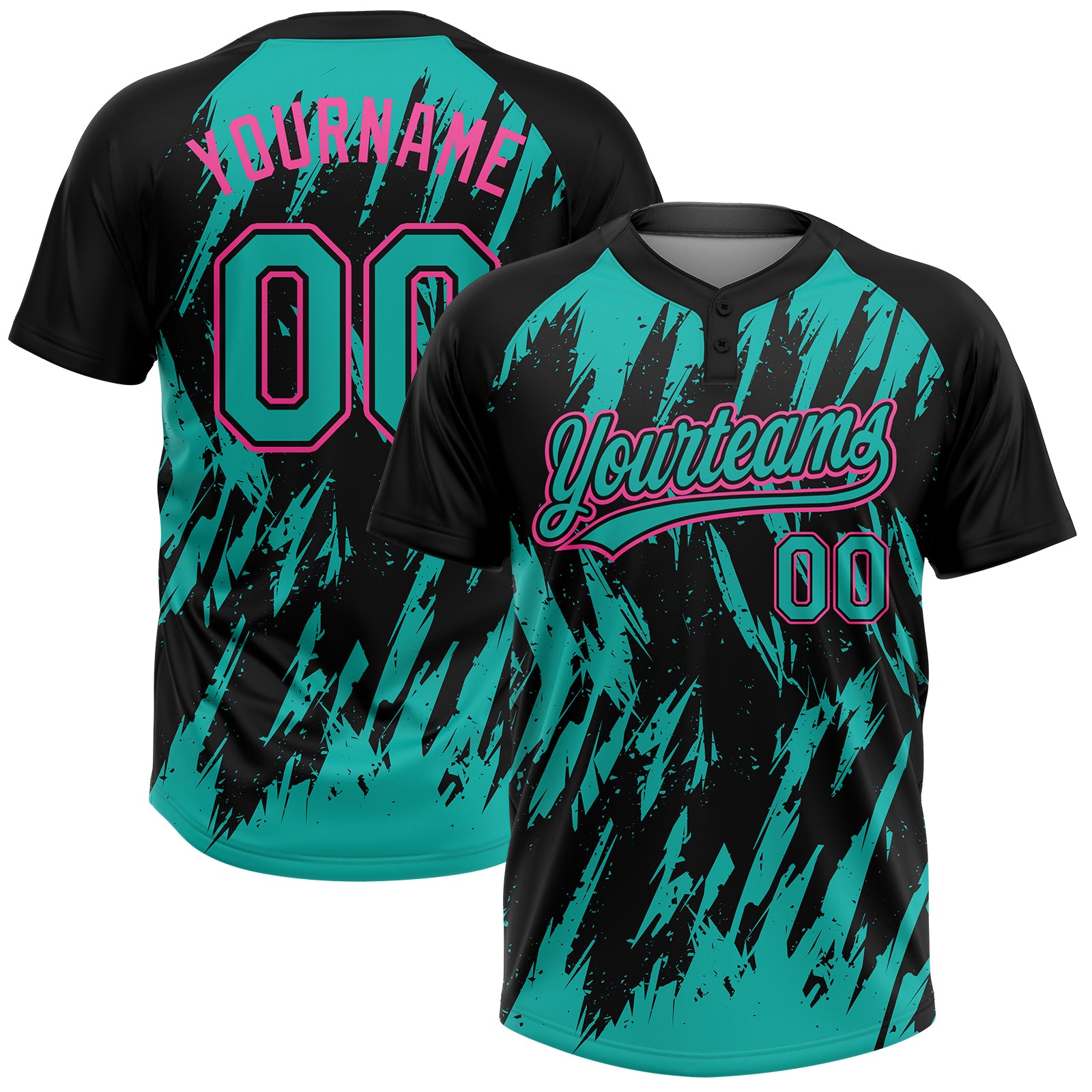 Custom Black Aqua-Pink Splatter Torn Sharp Brush Stroke Two-Button Unisex Softball Jersey