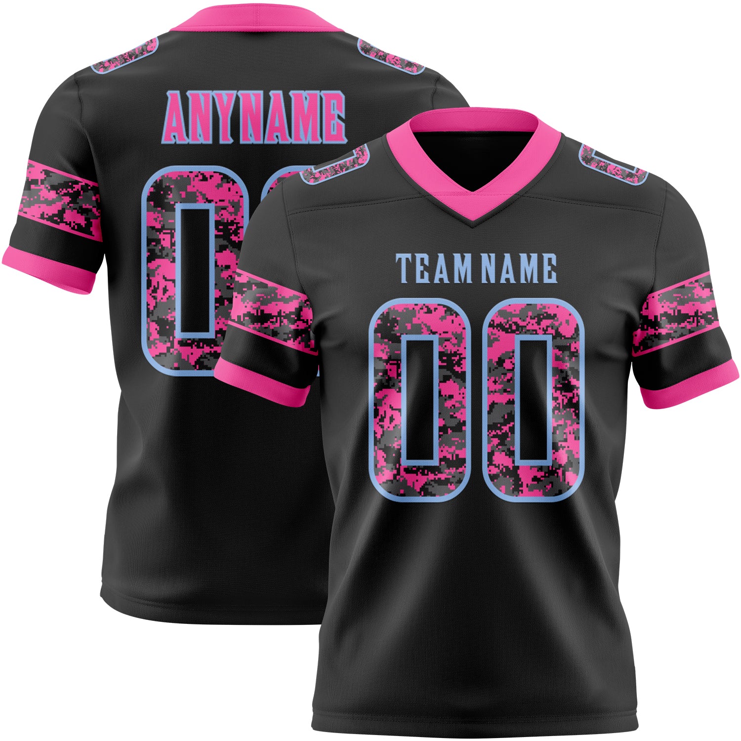 Custom Black Camo Light Blue-Pink Authentic Digital Camouflage Panel Football Jersey