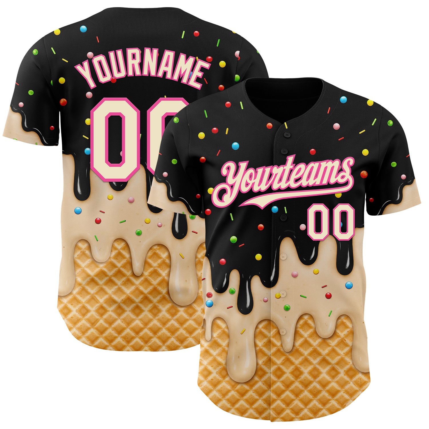 Custom Black Cream-Pink Ice Cream Waffle Foodie Dessert Authentic Baseball Jersey