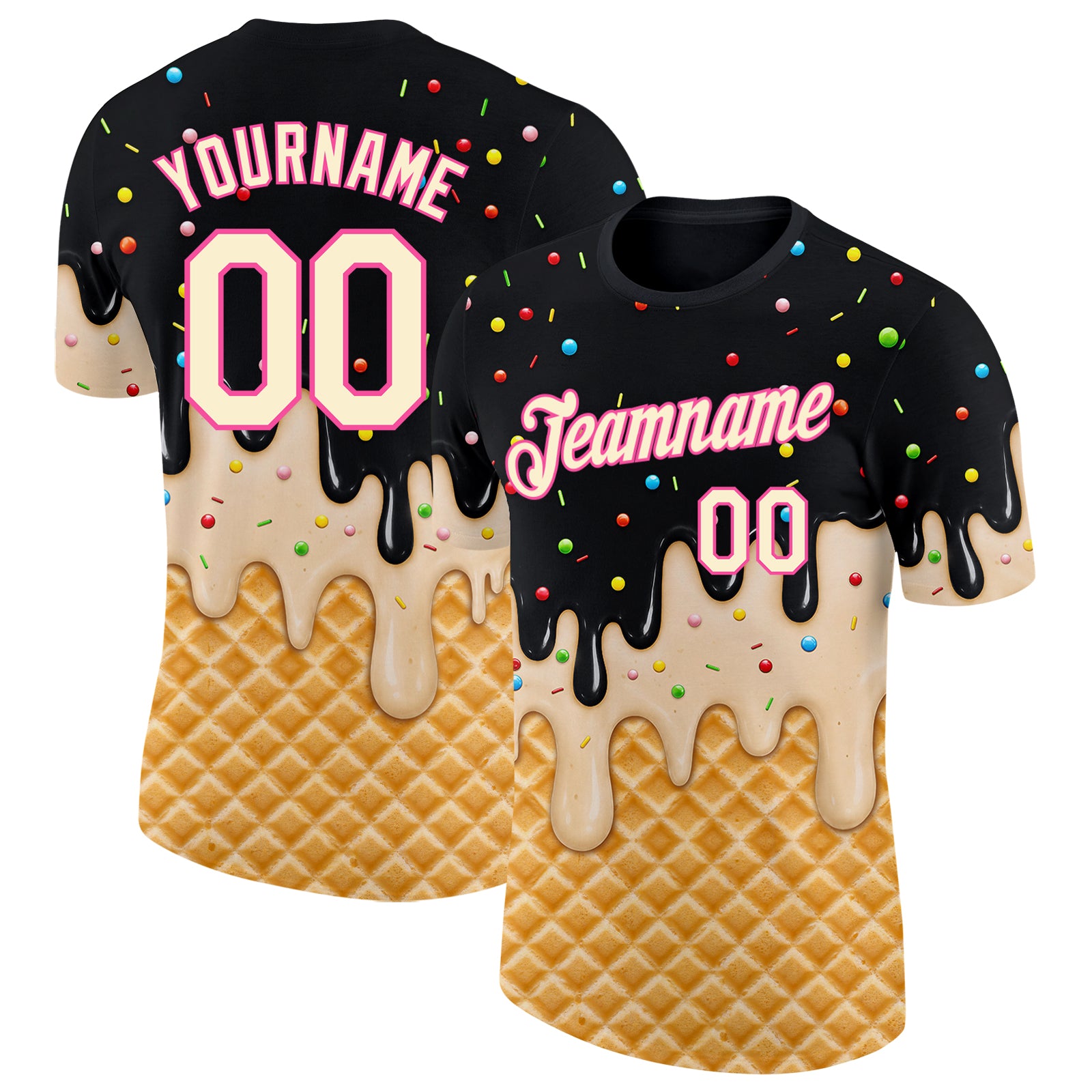 Custom Black Cream-Pink Ice Cream Waffle Foodie Dessert Performance T-Shirt