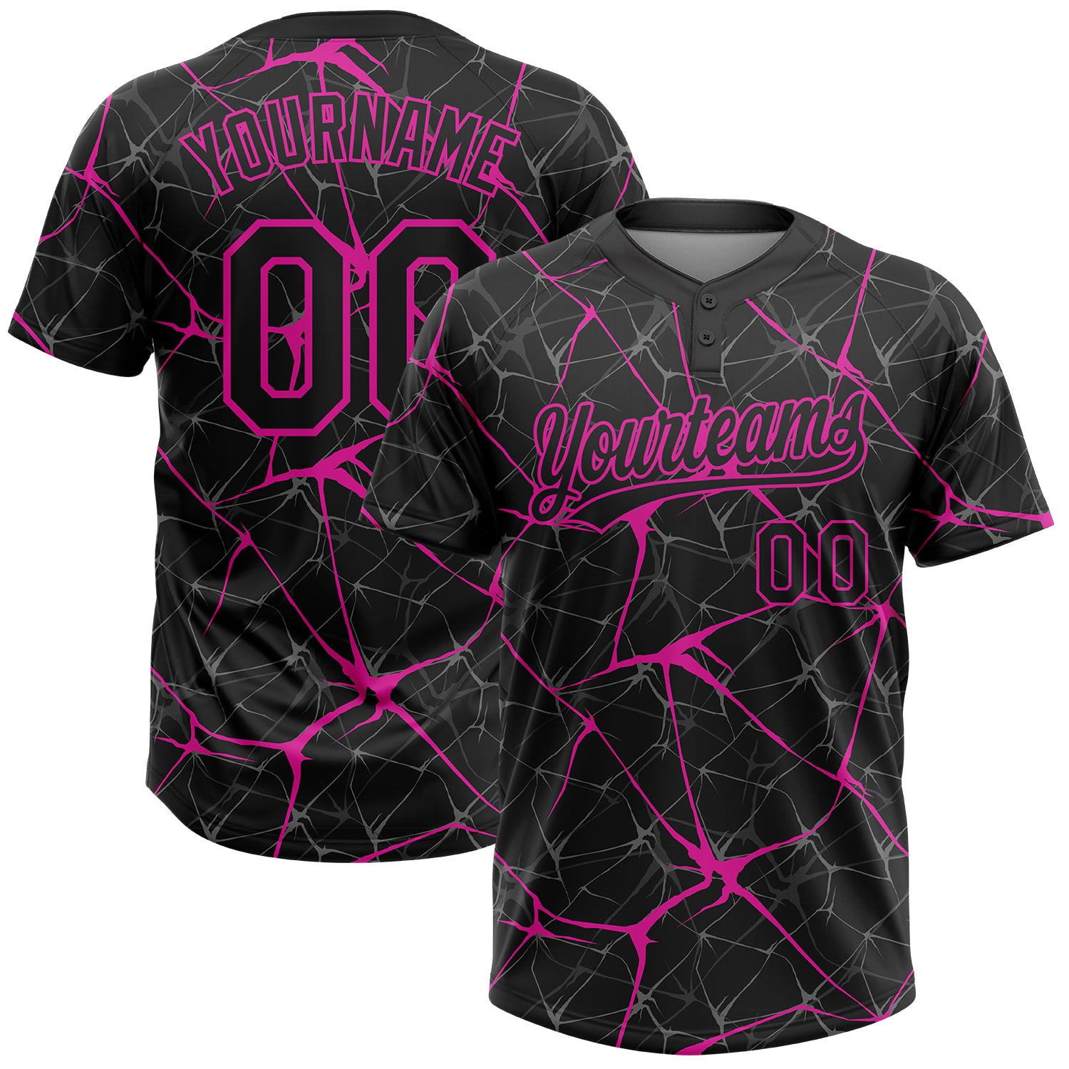 Custom Black Deep Pink 3D Pattern Design Abstract Network Two-Button Unisex Softball Jersey