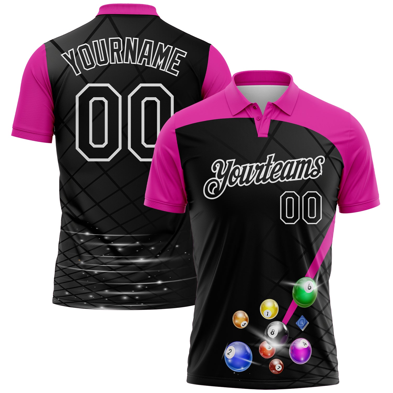 Custom Black Deep Pink-White Billiard Balls Performance Polo Shirt