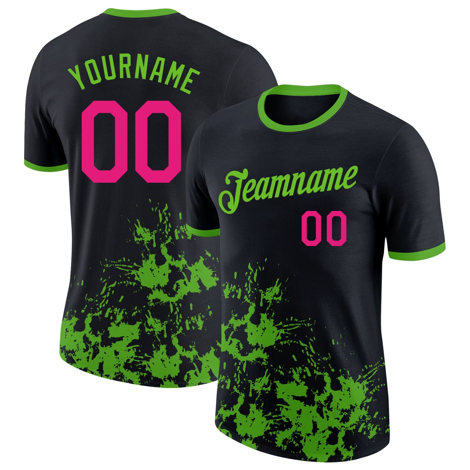 Custom Black Hot Pink-Aurora Green Brush Stroke Splatter Performance T-Shirt