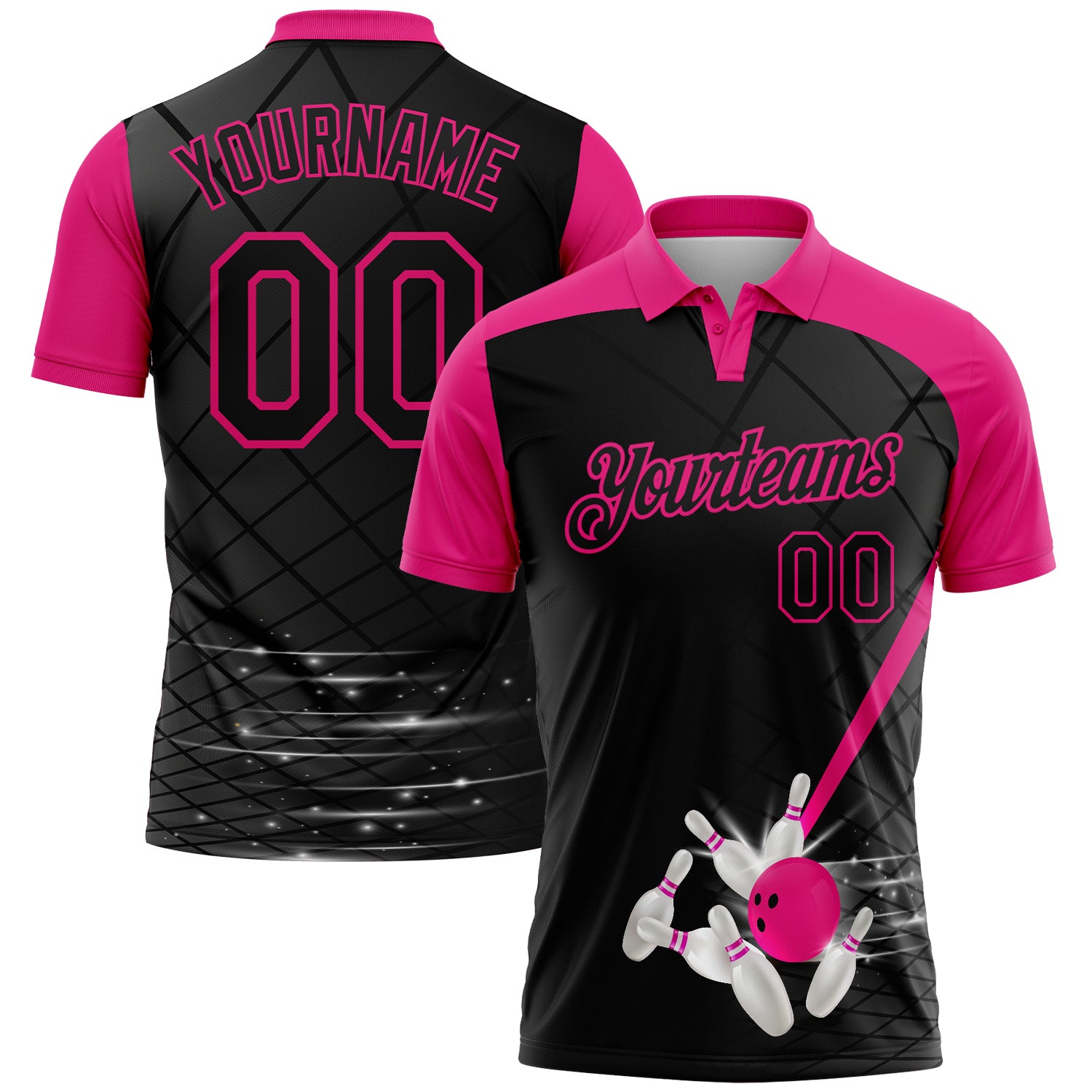 Custom Black-Hot Pink Bowling Geometric Grid Performance Polo Shirt