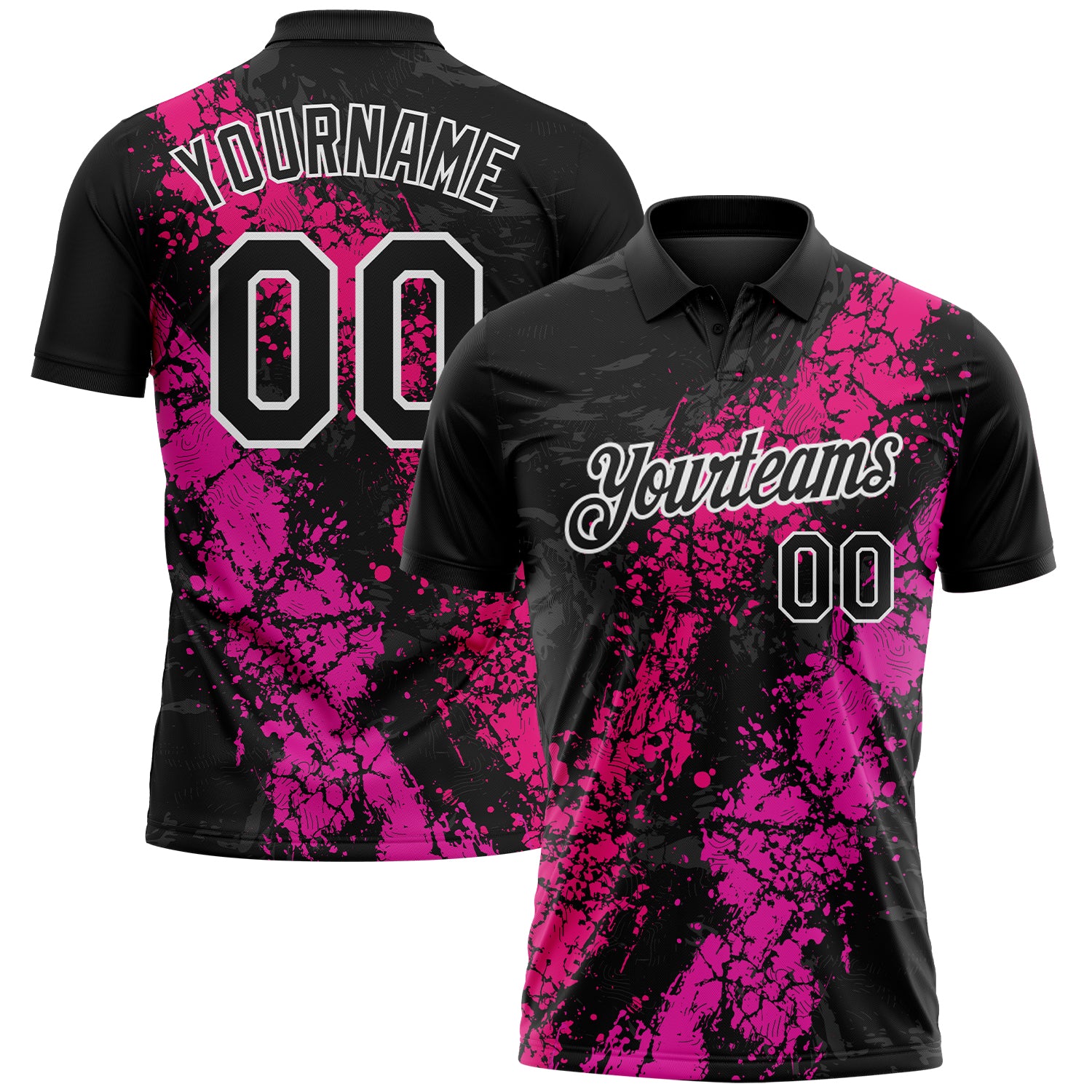 Custom Black Hot Pink Deep Pink-White Dripping Splatter Cracked Texture Performance Polo Shirt