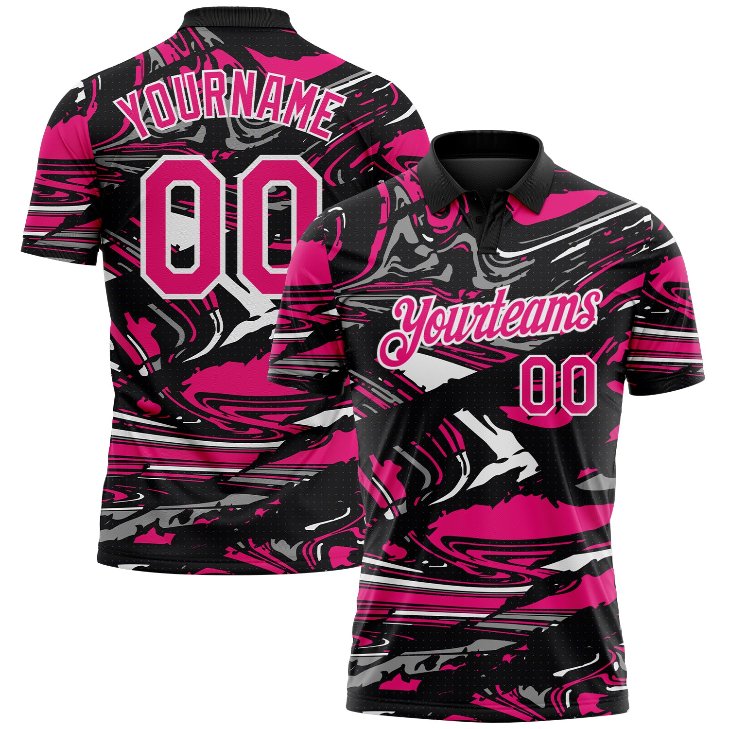 Custom Black Hot Pink Gray-White 3D Pattern Abstract Fluid Marble Performance Polo Shirt