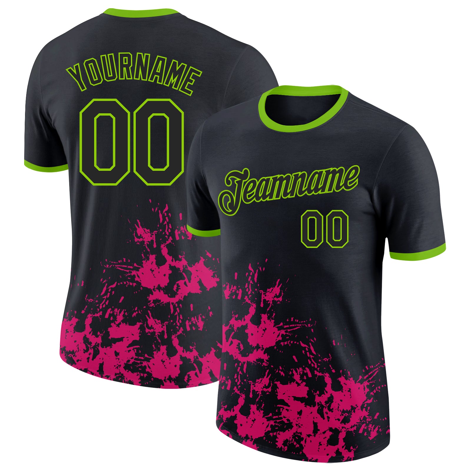 Custom Black Hot Pink-Neon Green Brush Stroke Splatter Performance T-Shirt