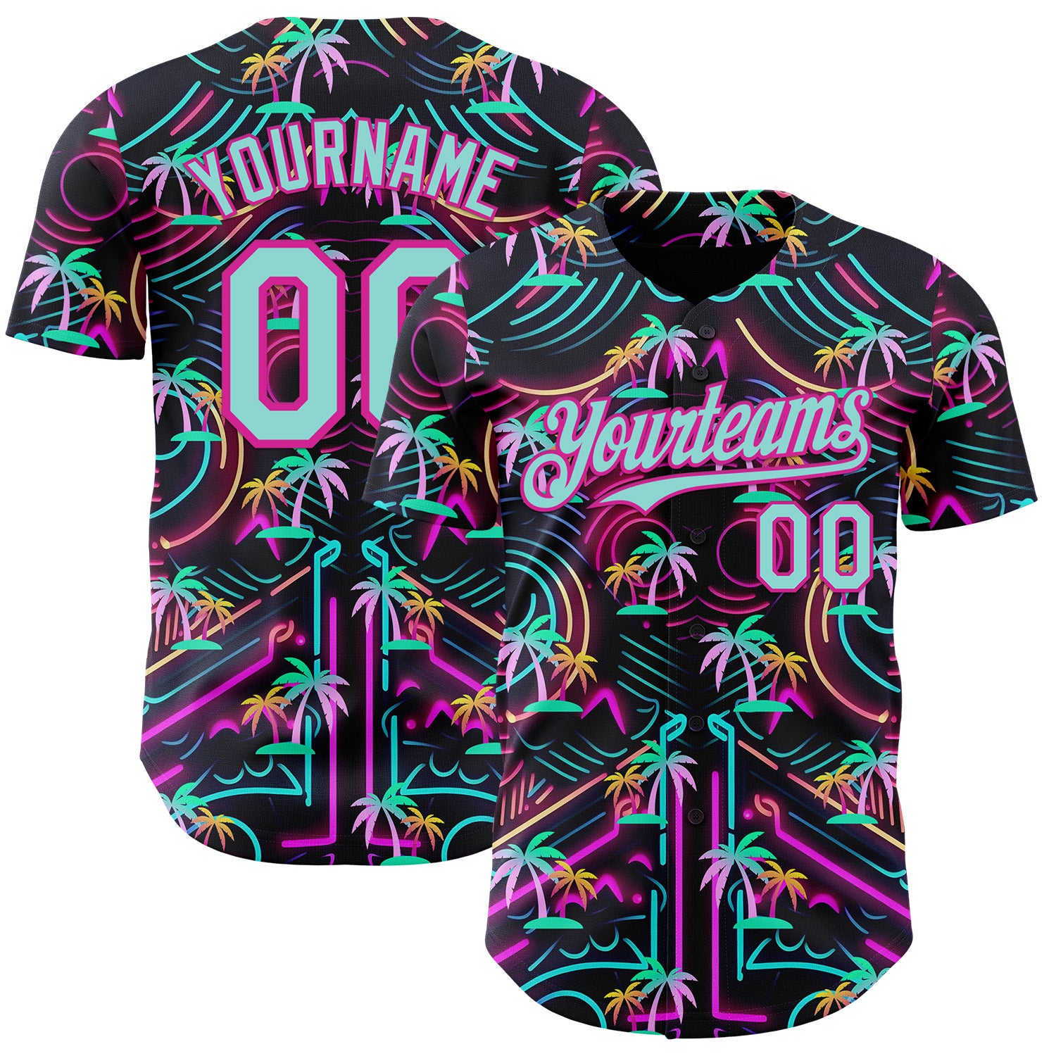Custom Black Ice Blue-Deep Pink Cyber Tropical Palm Trees Music Festival Authentic Baseball Jersey