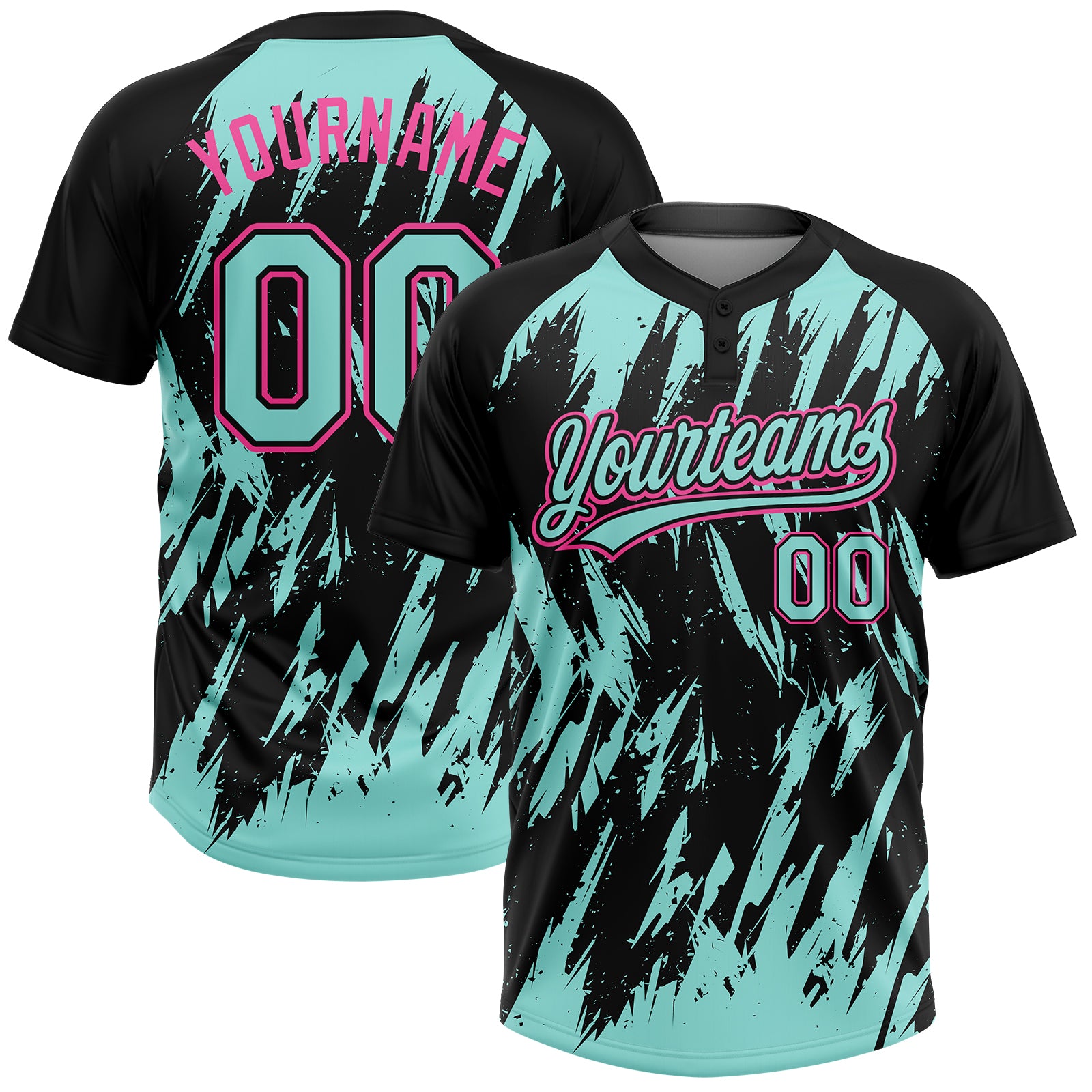Custom Black Ice Blue-Pink Splatter Torn Sharp Brush Stroke Two-Button Unisex Softball Jersey