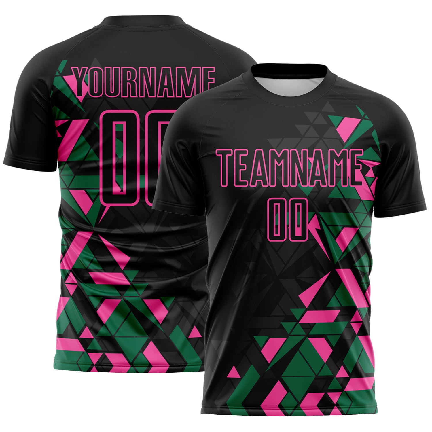 Custom Black Kelly Green-Pink Geometric Grid Gradient Sublimation Soccer Uniform Jersey