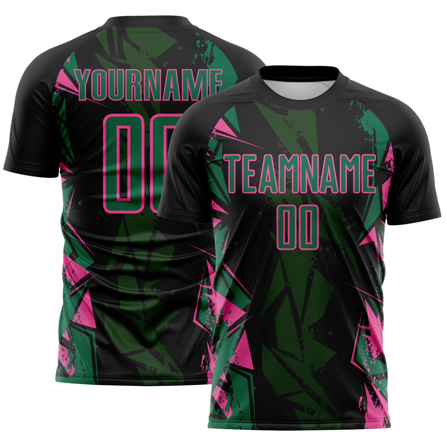 Custom Black Kelly Green-Pink Geometric Shard Grunge Splash Sublimation Soccer Uniform Jersey