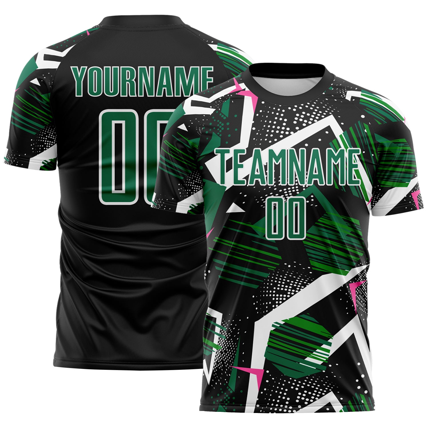 Custom Black Kelly Green Pink-White Geometric Asymmetry Shatter Sublimation Soccer Uniform Jersey