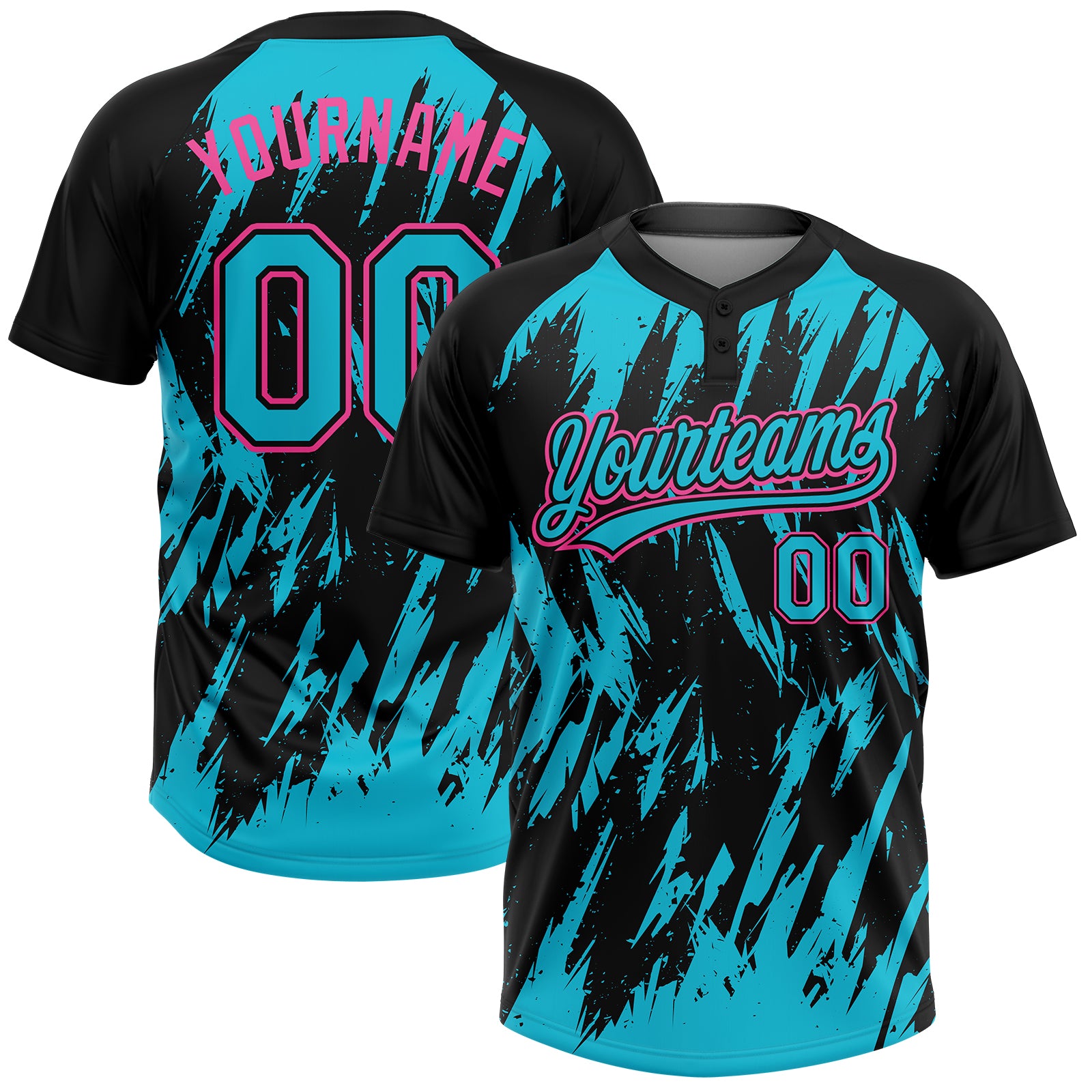 Custom Black Lakes Blue-Pink Splatter Torn Sharp Brush Stroke Two-Button Unisex Softball Jersey