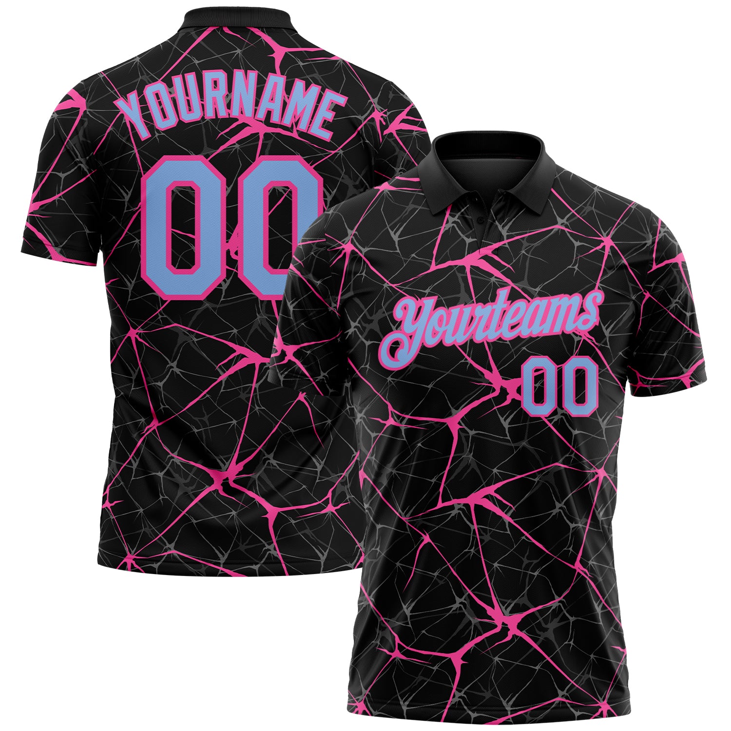 Custom Black Light Blue-Pink 3D Pattern Abstract Network Crackle Performance Polo Shirt