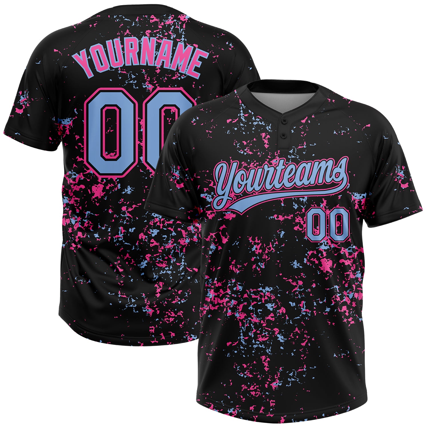 Custom Black Light Blue-Pink Abstract Shattered Paint Splatter Two-Button Unisex Softball Jersey