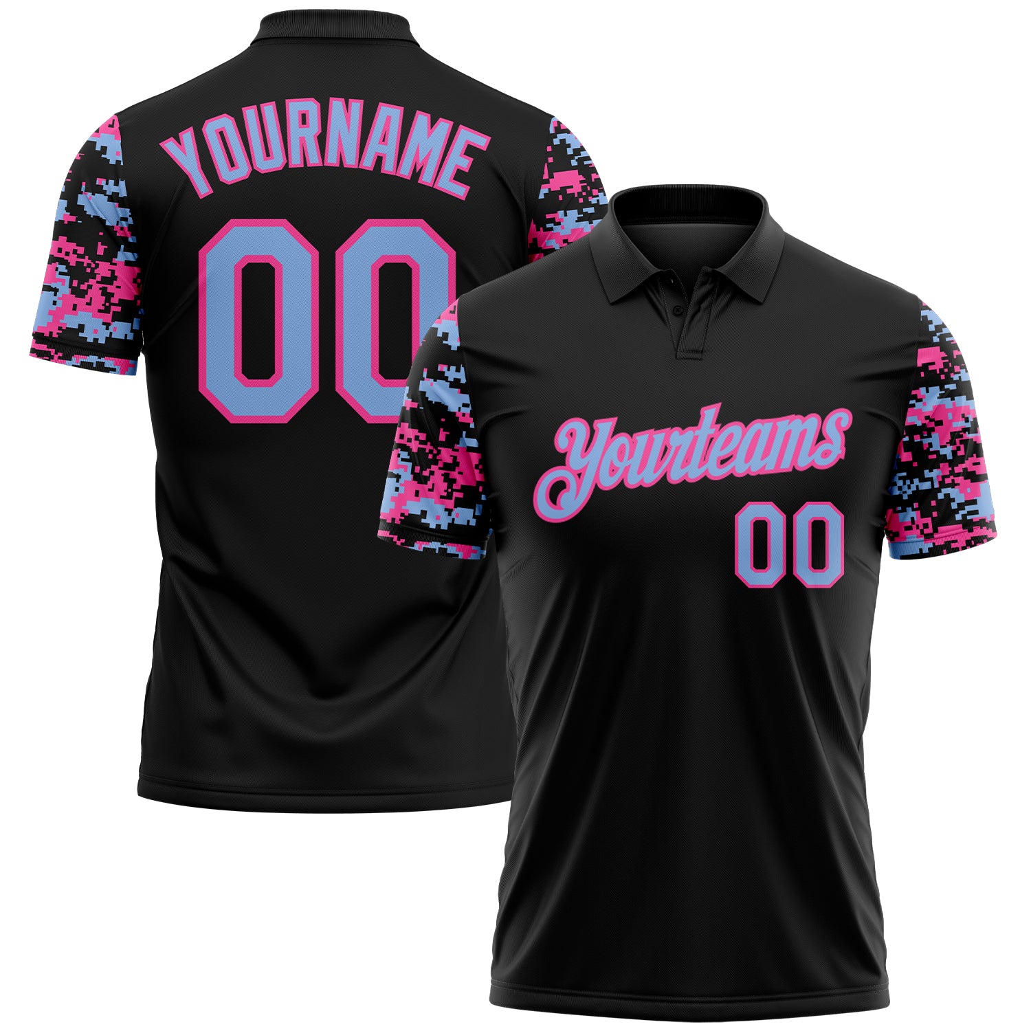 Custom Black Light Blue-Pink Digital Camo Two Tone Performance Polo Shirt