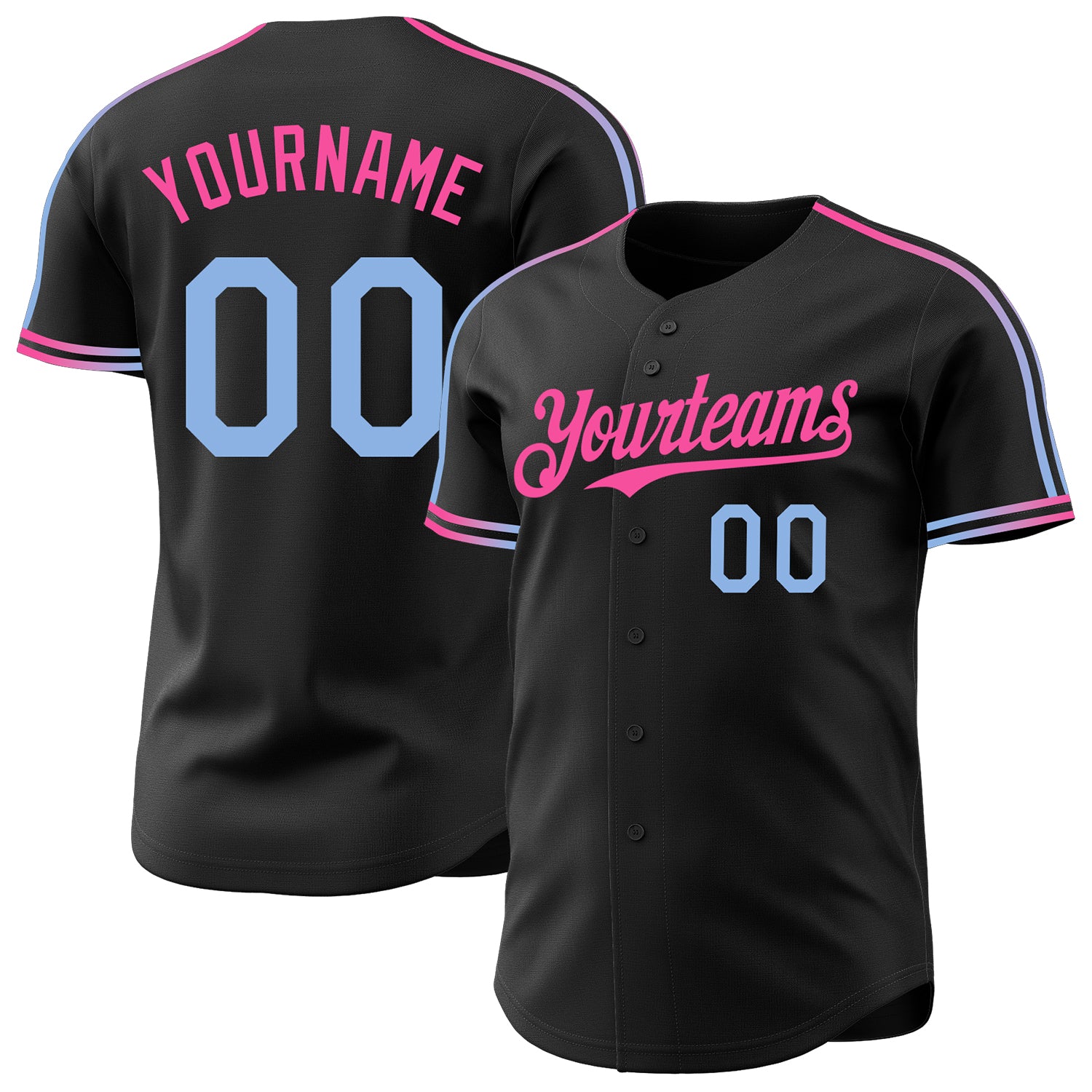 Custom Black Light Blue-Pink Raglan Line Gradient Stripe Authentic Baseball Jersey