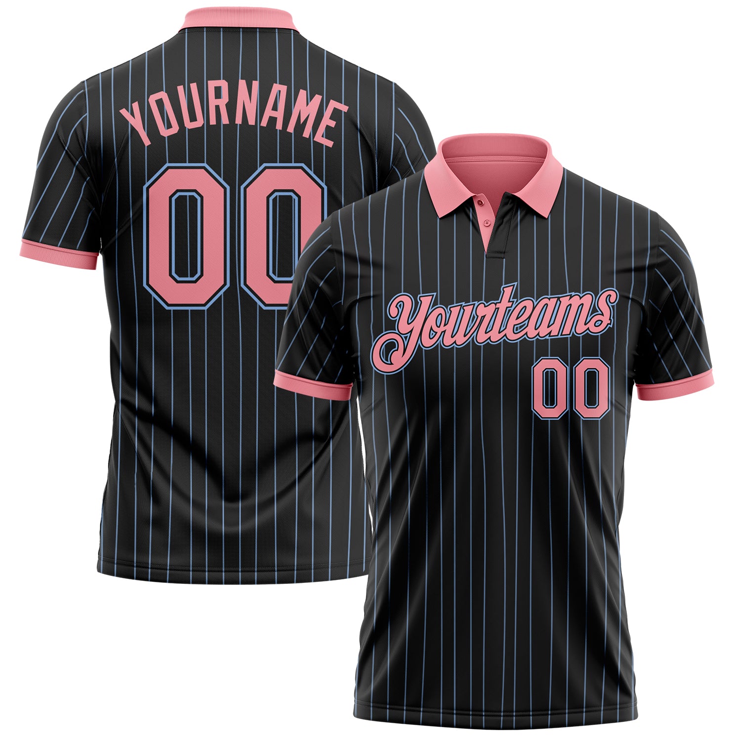 Custom Black Light Blue Pinstripe-Medium Pink Performance Polo Shirt