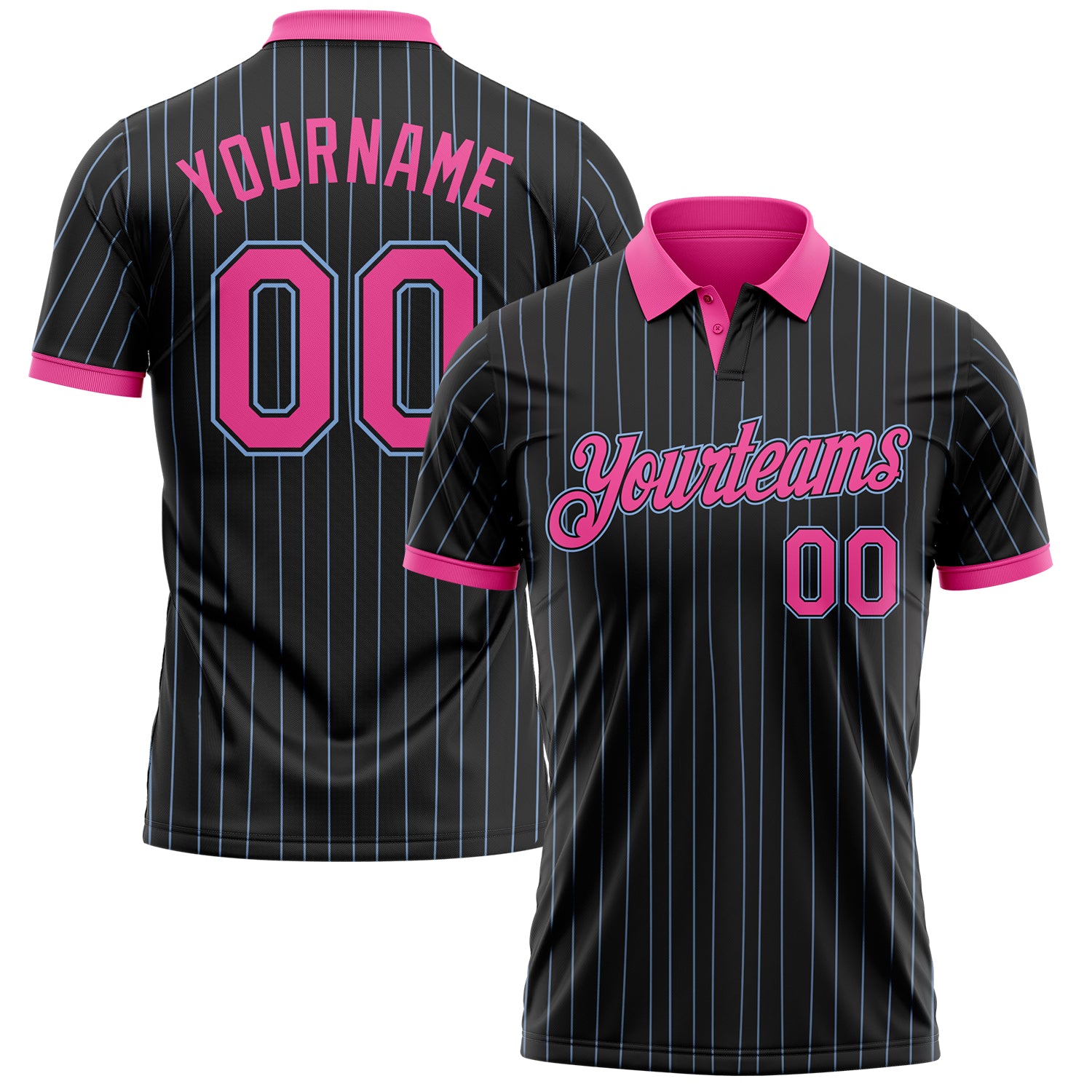 Custom Black Light Blue Pinstripe-Pink Performance Polo Shirt