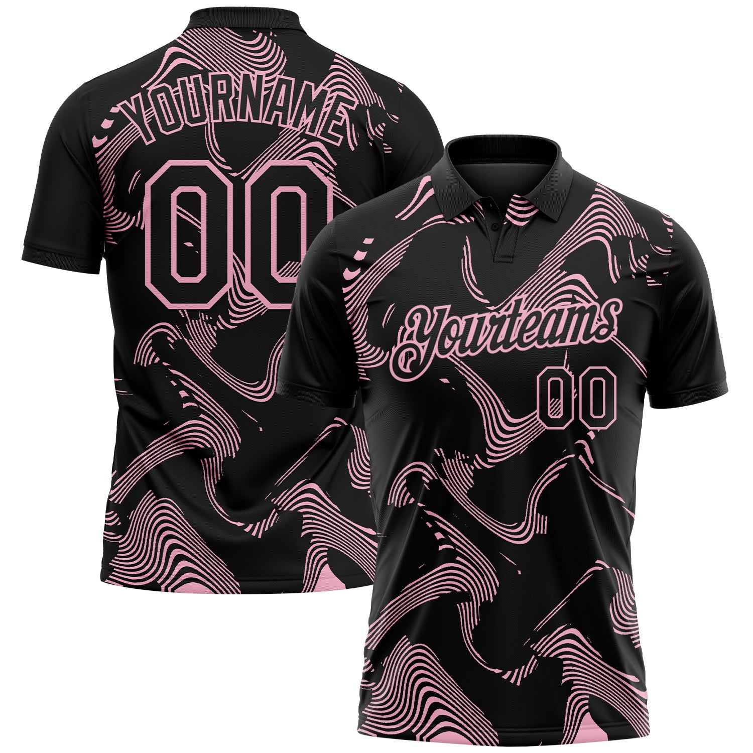 Custom Black-Light Pink 3D Pattern Abstract Fluid Swirl Line Performance Polo Shirt