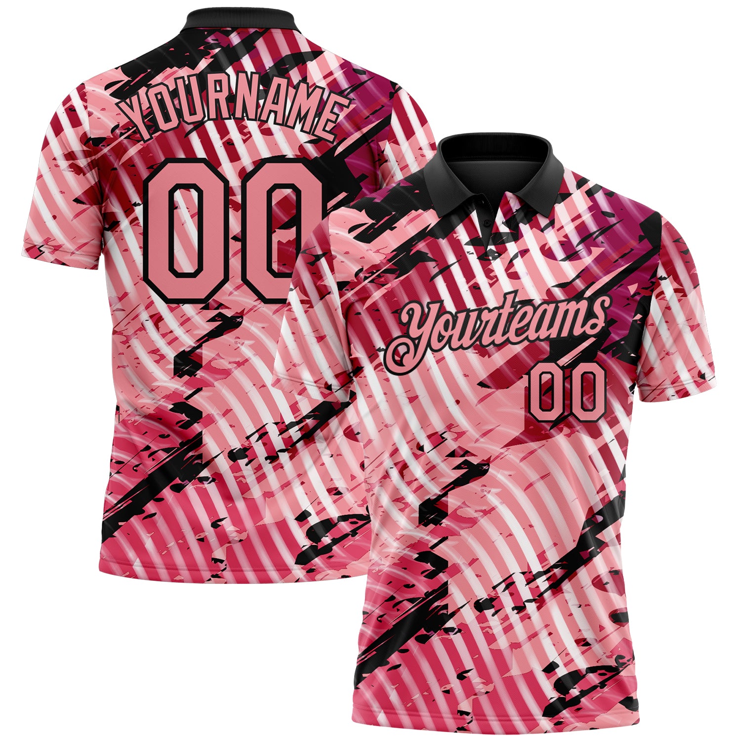 Custom Black-Light Pink Abstract Grunge Splatter Diagonal Stripe Performance Polo Shirt