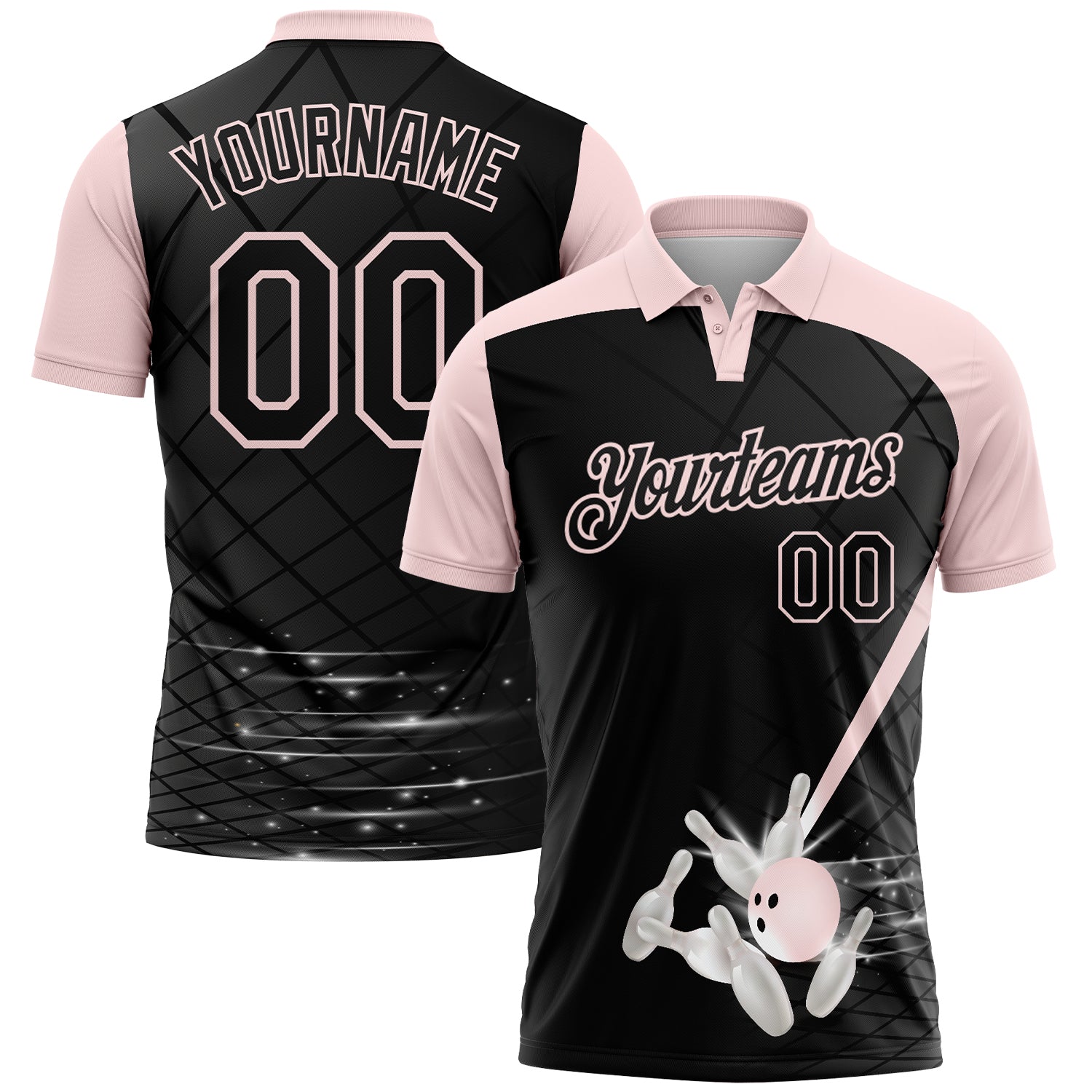 Custom Black-Light Pink Bowling Geometric Grid Performance Polo Shirt