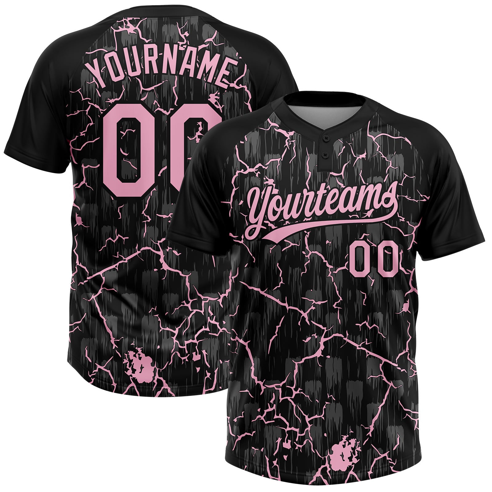 Custom Black Light Pink-Gray Raglan Sleeves Neon Lightning Crackle Two-Button Unisex Softball Jersey