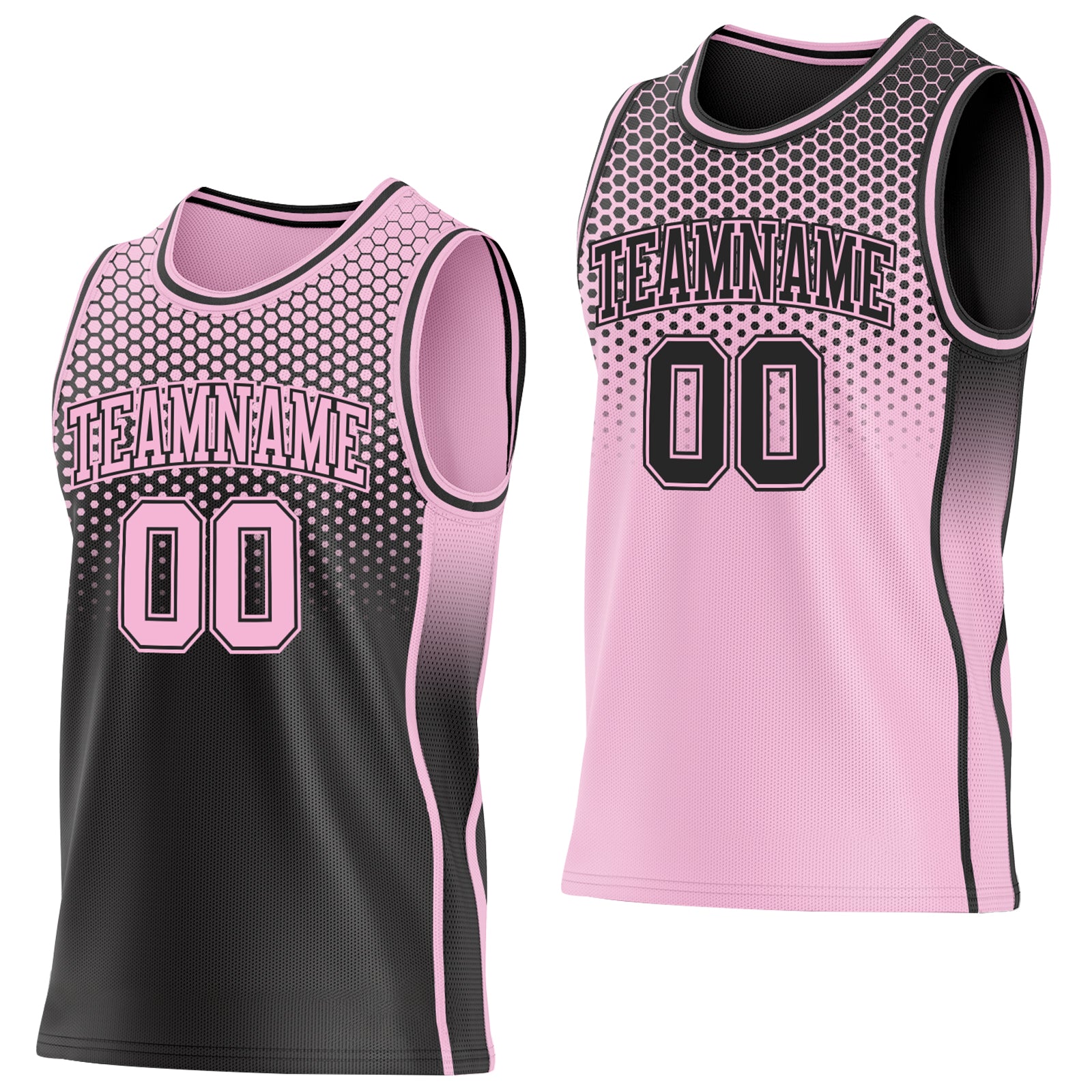 Custom Black-Light Pink Side Panel Stripe Gradient Geometric Honeycomb Reversible Double Side Sublimation Basketball Set Jersey