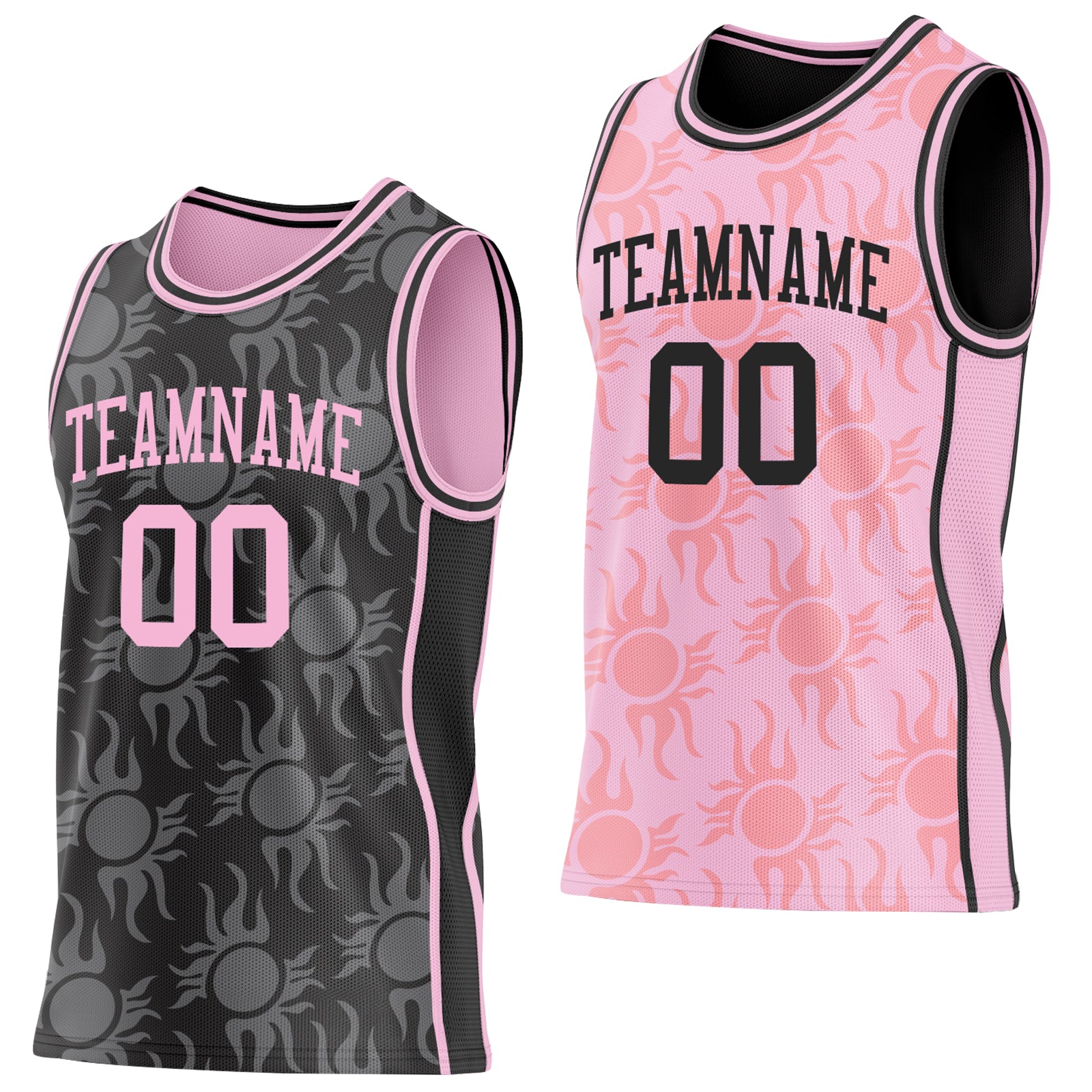 Custom Black-Light Pink Side Panel Stripe Sun Flame Reversible Double Side Sublimation Basketball Set Jersey