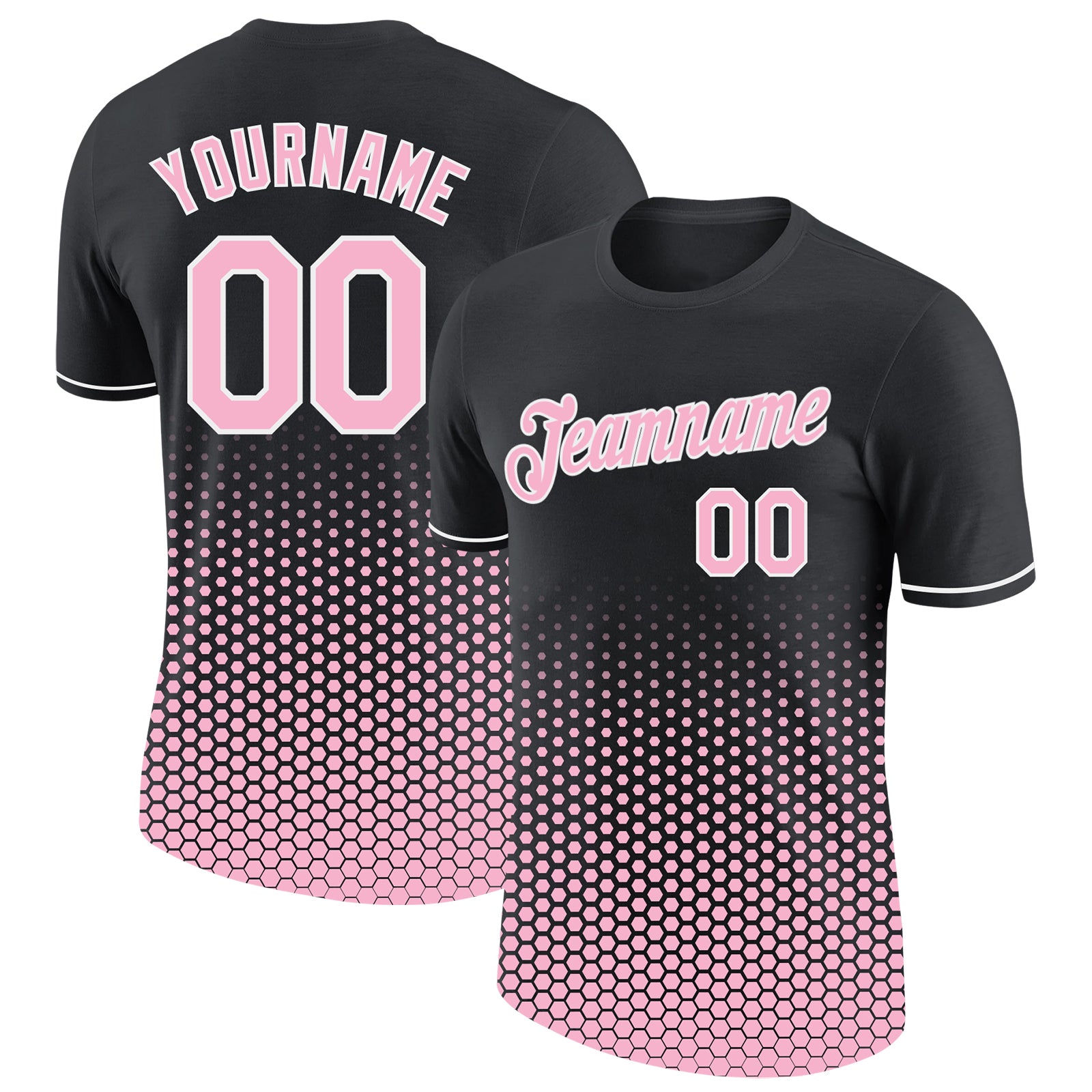 Custom Black Light Pink-White Geometric Hexagonal Dot Gradient Performance T-Shirt