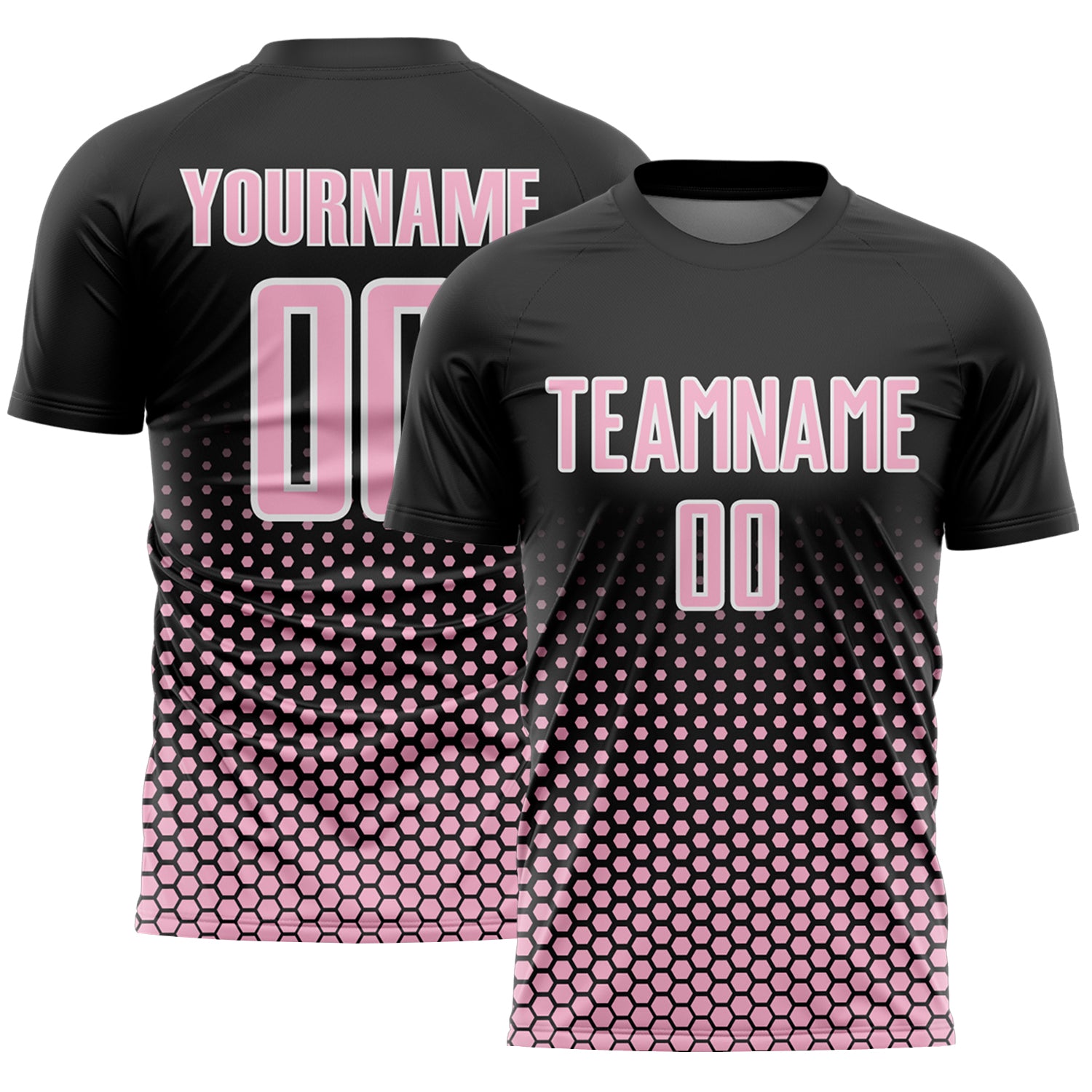 Custom Black Light Pink-White Geometric Hexagonal Dot Gradient Sublimation Soccer Uniform Jersey