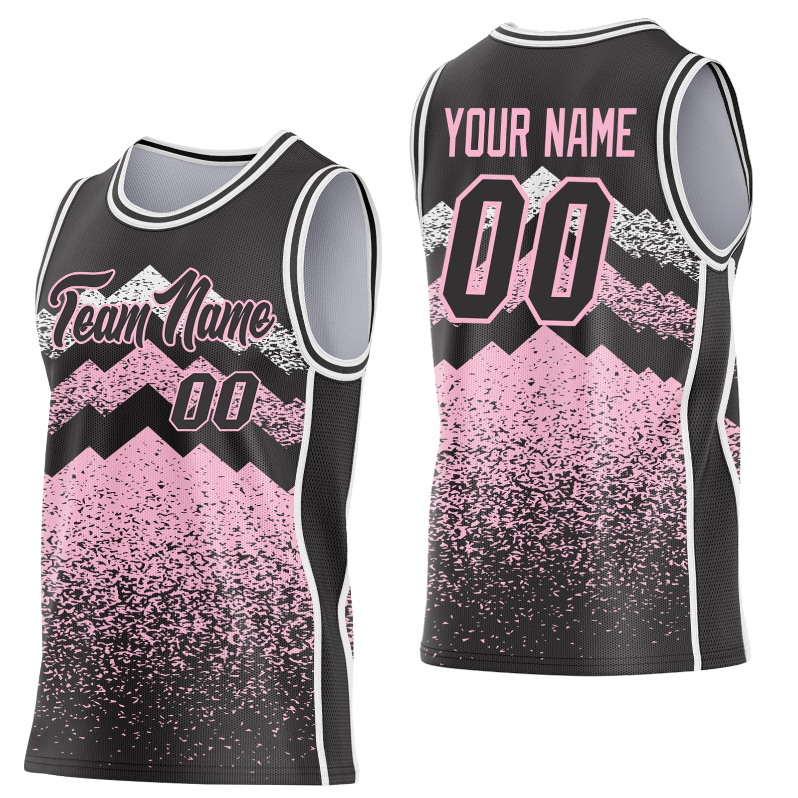 Custom Black Light Pink-White Mountain Peak Shards Side Panel Stripe Round Neck Sublimation Basketball Set Jersey
